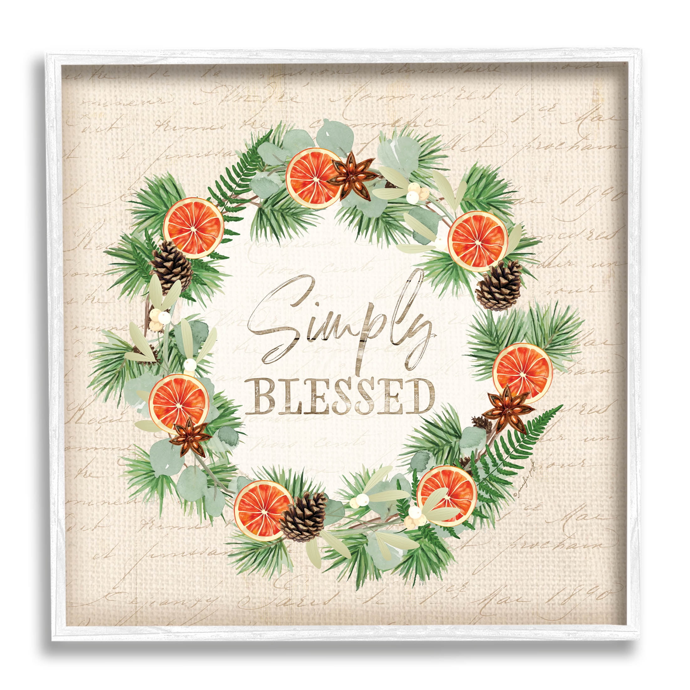 Stupell Industries Simply Blessed Botanical Wreath Graphic Art White Framed Art Print Wall Art, Design by Jennifer Pugh