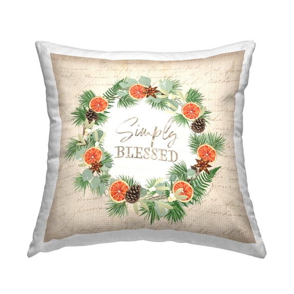 Stupell Industries Simply Blessed Rustic Pinecone Plant Wreath Design by Jennifer Pugh Throw Pillow
