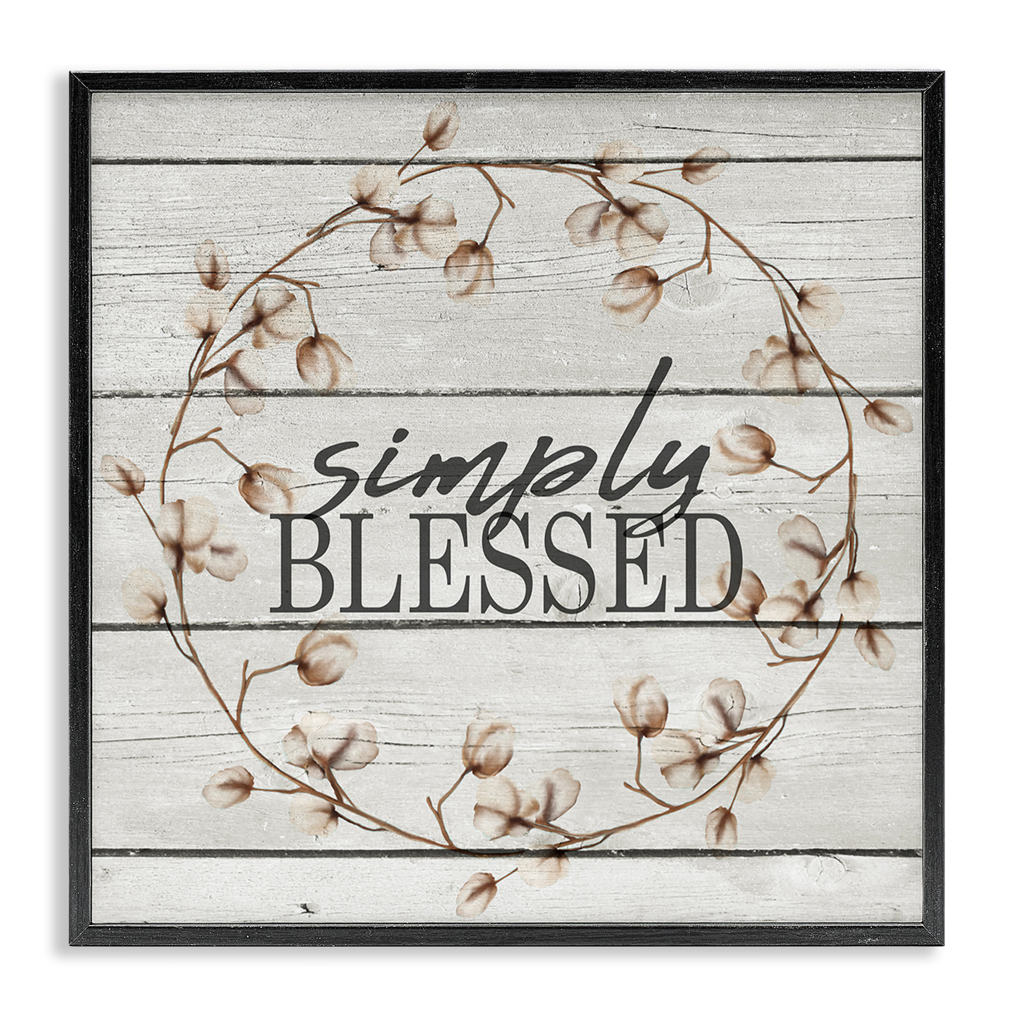 Stupell Industries Simply Blessed Rustic Wreath Botanical & Floral Painting Black Framed Art Print Wall Art, 17 x 17