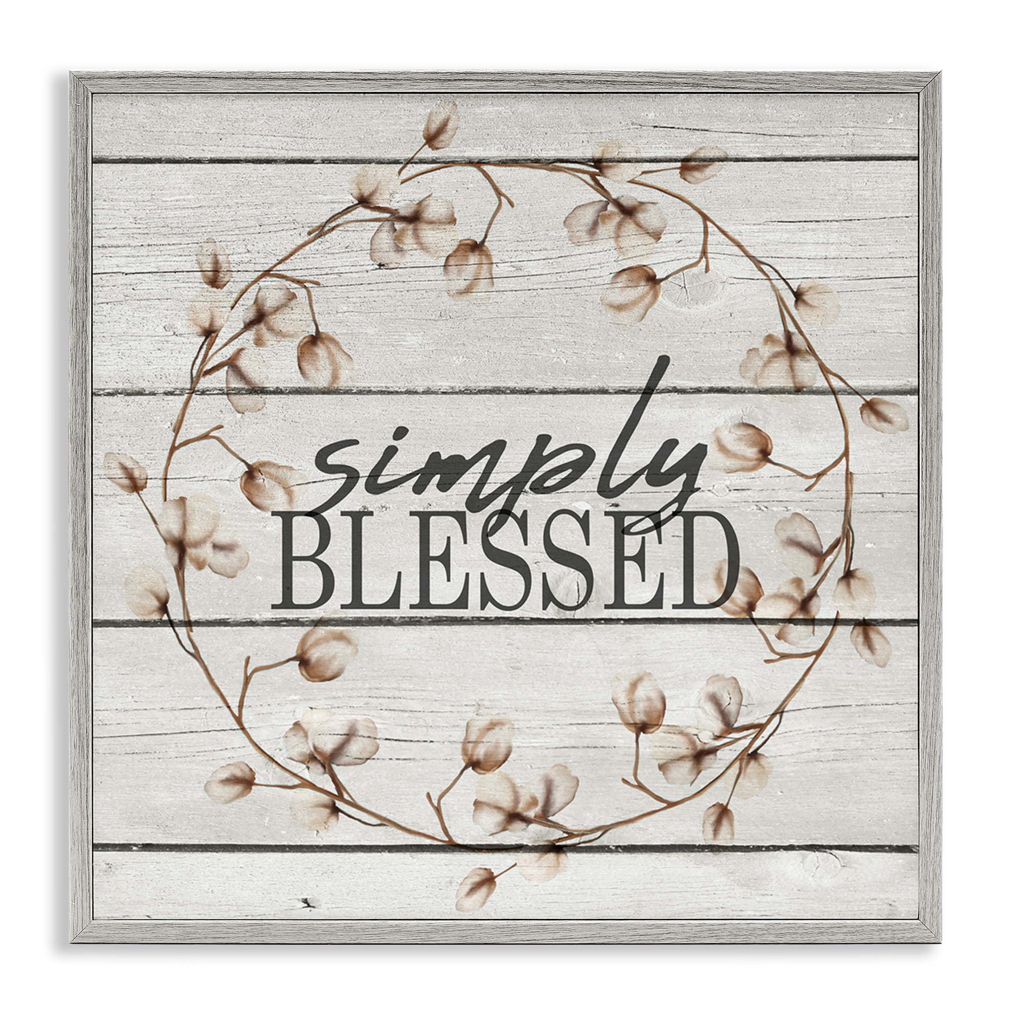 Stupell Industries Simply Blessed Rustic Wreath Botanical & Floral Painting Gray Framed Art Print Wall Art, 24 x 24