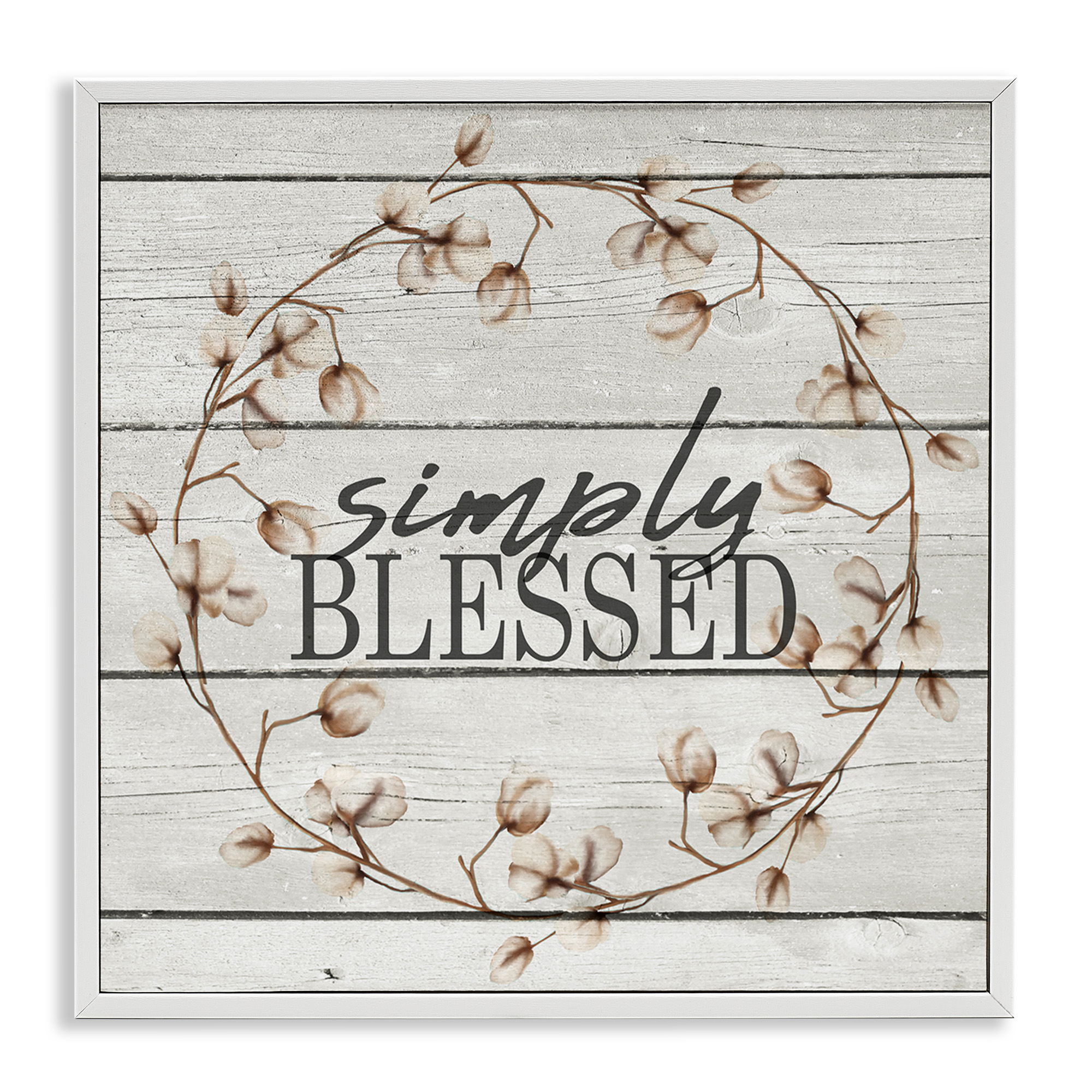 Stupell Industries Simply Blessed Rustic Wreath Botanical & Floral Painting White Framed Art Print Wall Art, 17 x 17