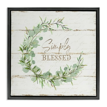 Stupell Industries Simply Blessed Rustic Wreath Typography Painting Black Floater Framed Canvas Art Print Wall Art, 18 x 18