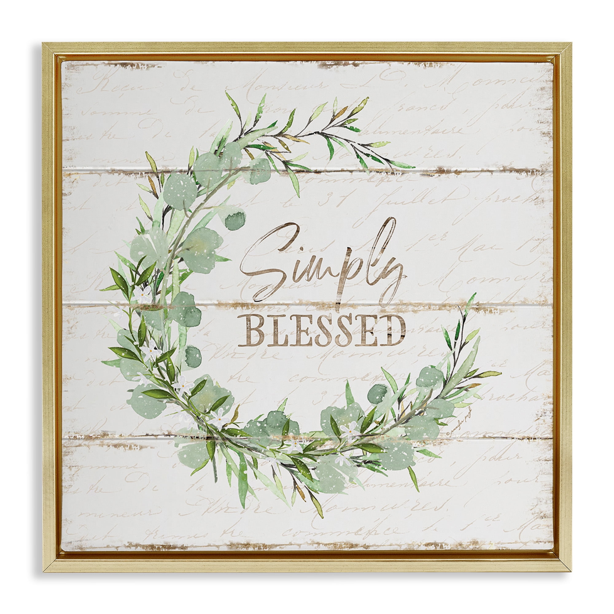 Stupell Industries Simply Blessed Rustic Wreath Typography Painting Gold Floater Framed Canvas Art Print Wall Art, 18 x 18