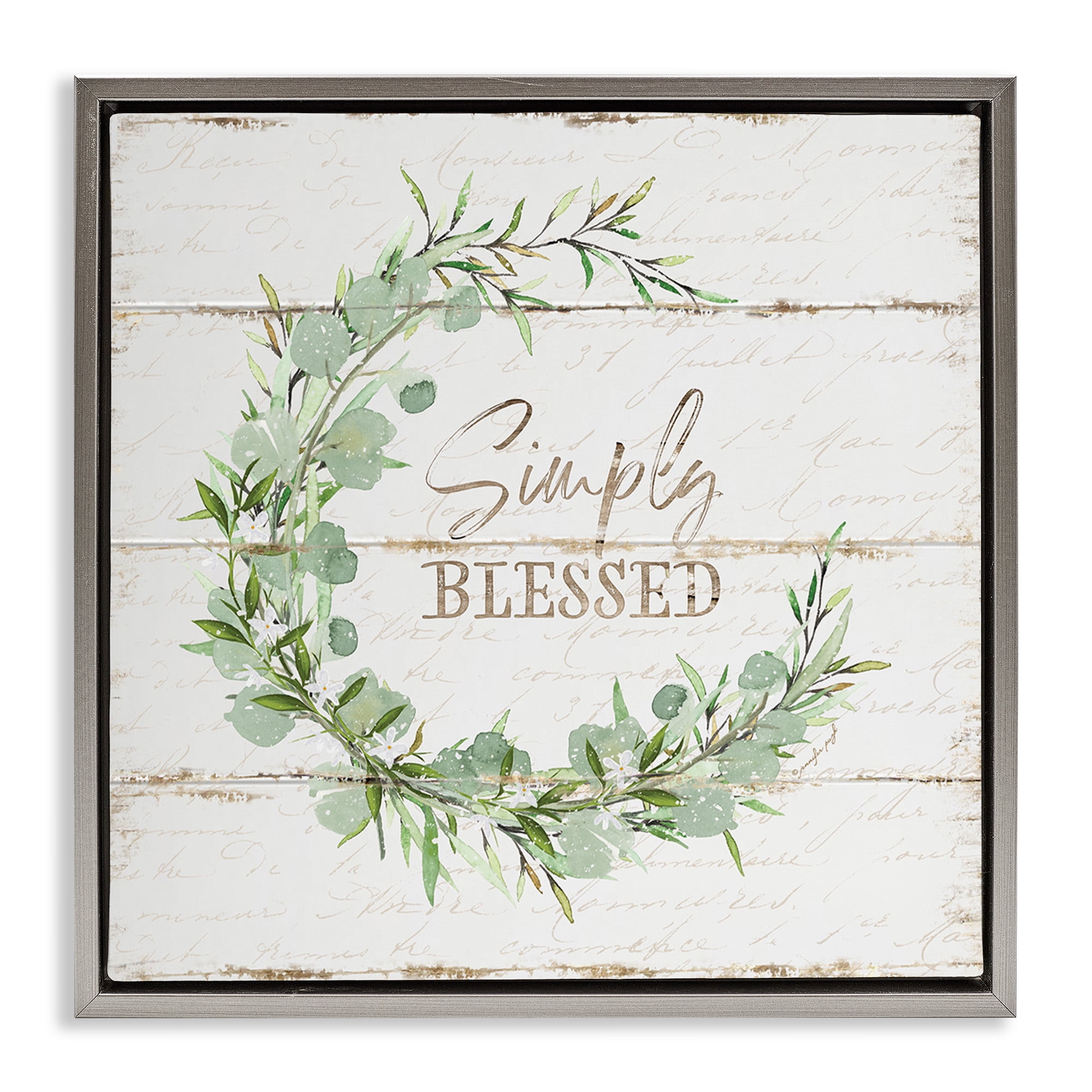 Stupell Industries Simply Blessed Rustic Wreath Typography Painting Gray Floater Framed Canvas Art Print Wall Art, 18 x 18