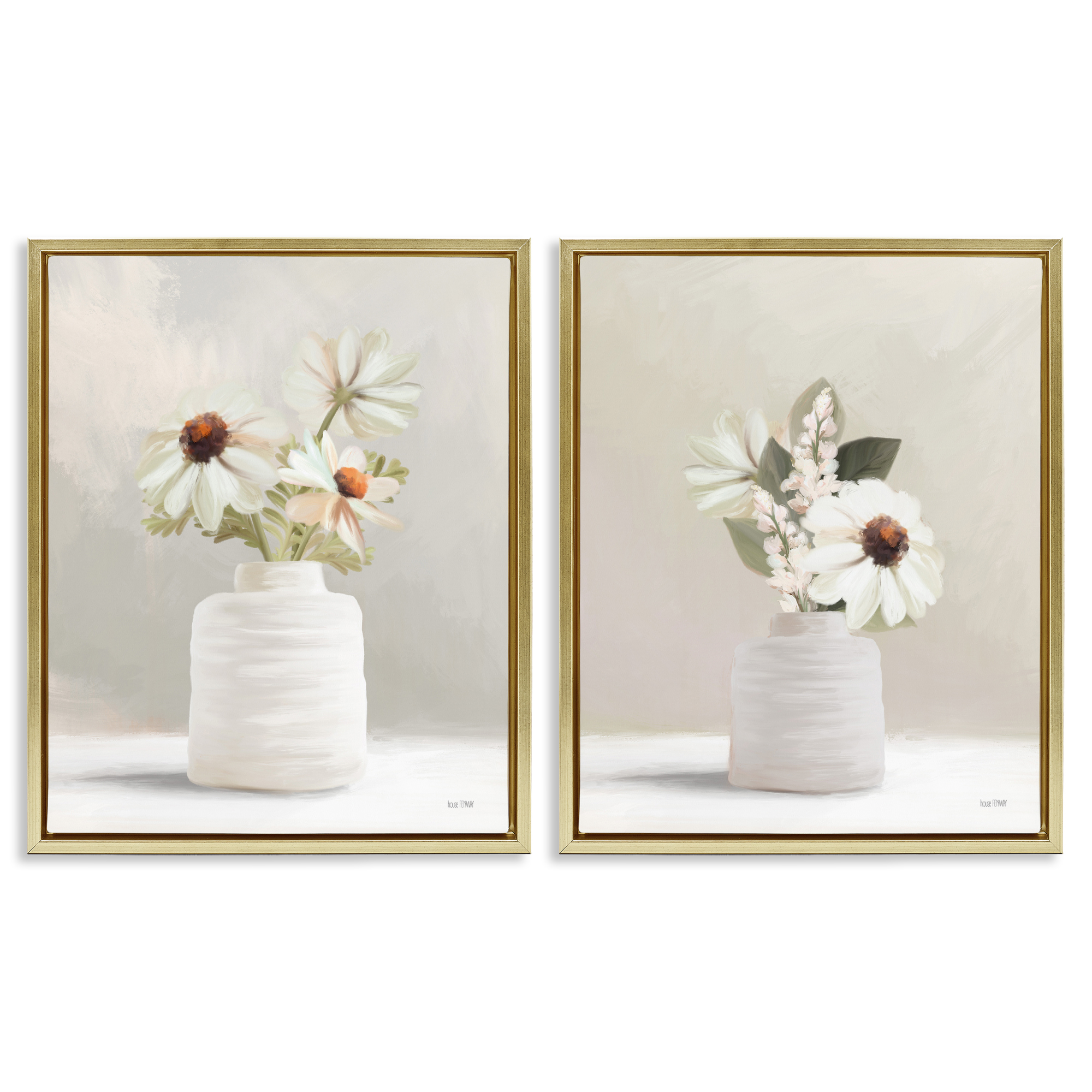 Stupell Industries Simply Elegant Floral Vase Plants & Flowers Painting Gold Floater Framed Canvas Art Print Wall Art, 17 x 21, Set of 2