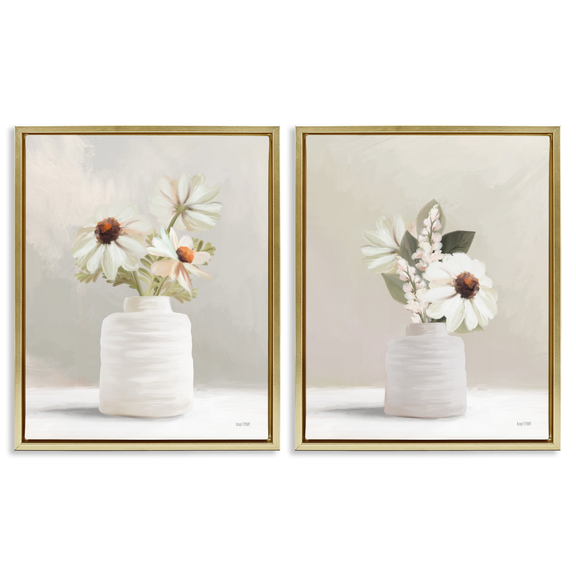 Stupell Industries Simply Elegant Floral Vase Plants & Flowers Painting Gold Floater Framed Canvas Art Print Wall Art, 31 x 25, Set of 2