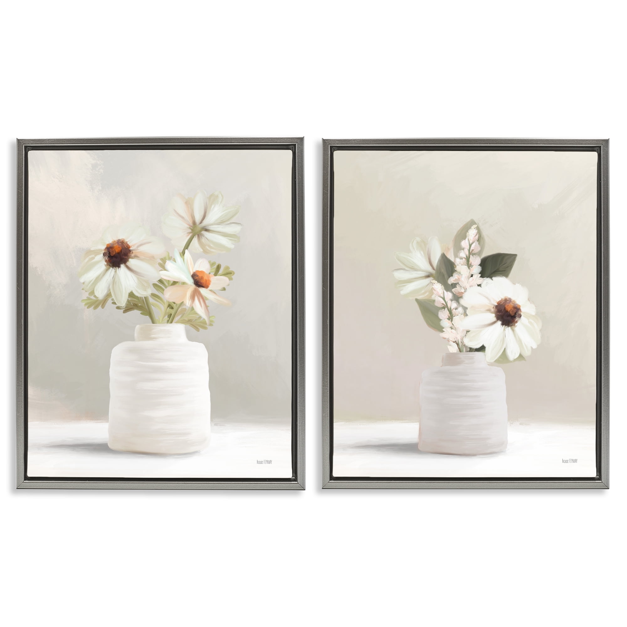 Stupell Industries Simply Elegant Floral Vase Plants & Flowers Painting Gray Floater Framed Canvas Art Print Wall Art, 31 x 25, Set of 2