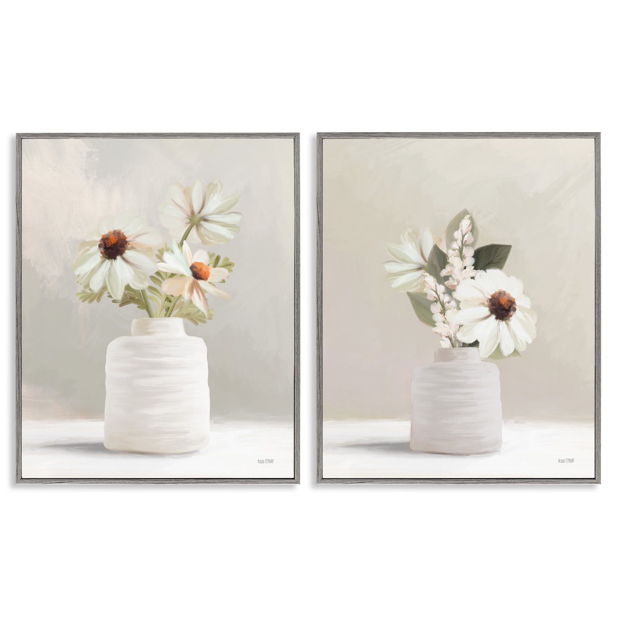 Stupell Industries Simply Elegant Floral Vase Plants & Flowers Painting Gray Framed Art Print Wall Art, 11 x 14, Set of 2