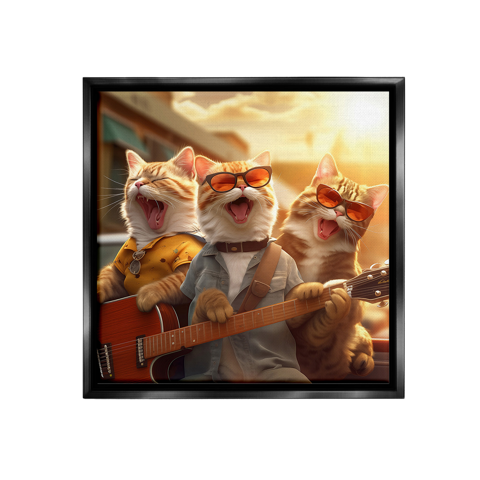 Stupell Industries Singing Guitarist Cats Animals & Insects Painting Black Floater Framed Canvas Art Print Wall Art, 25 x 25