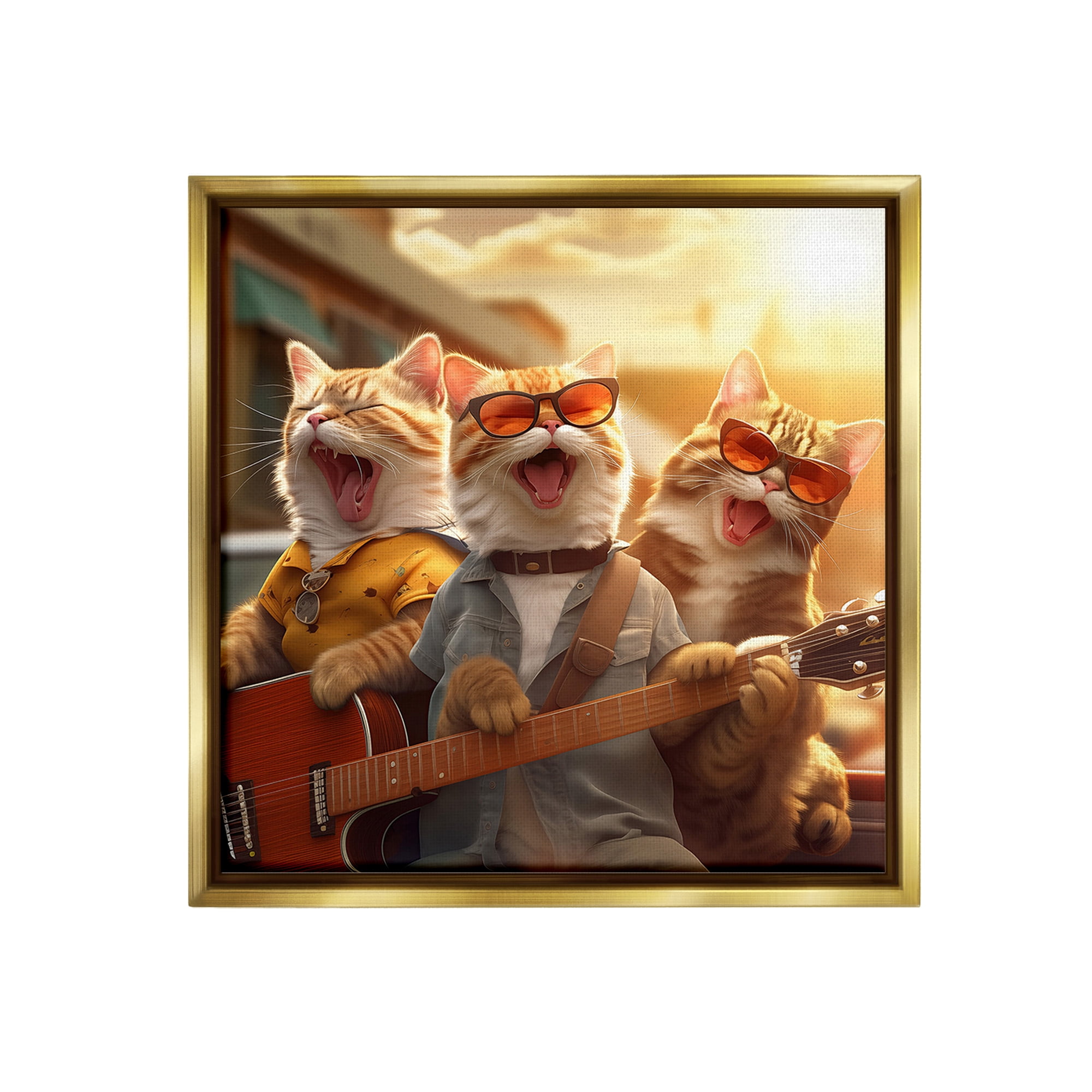 Stupell Industries Singing Guitarist Cats Animals & Insects Painting Gold Floater Framed Canvas Art Print Wall Art, 18 x 18