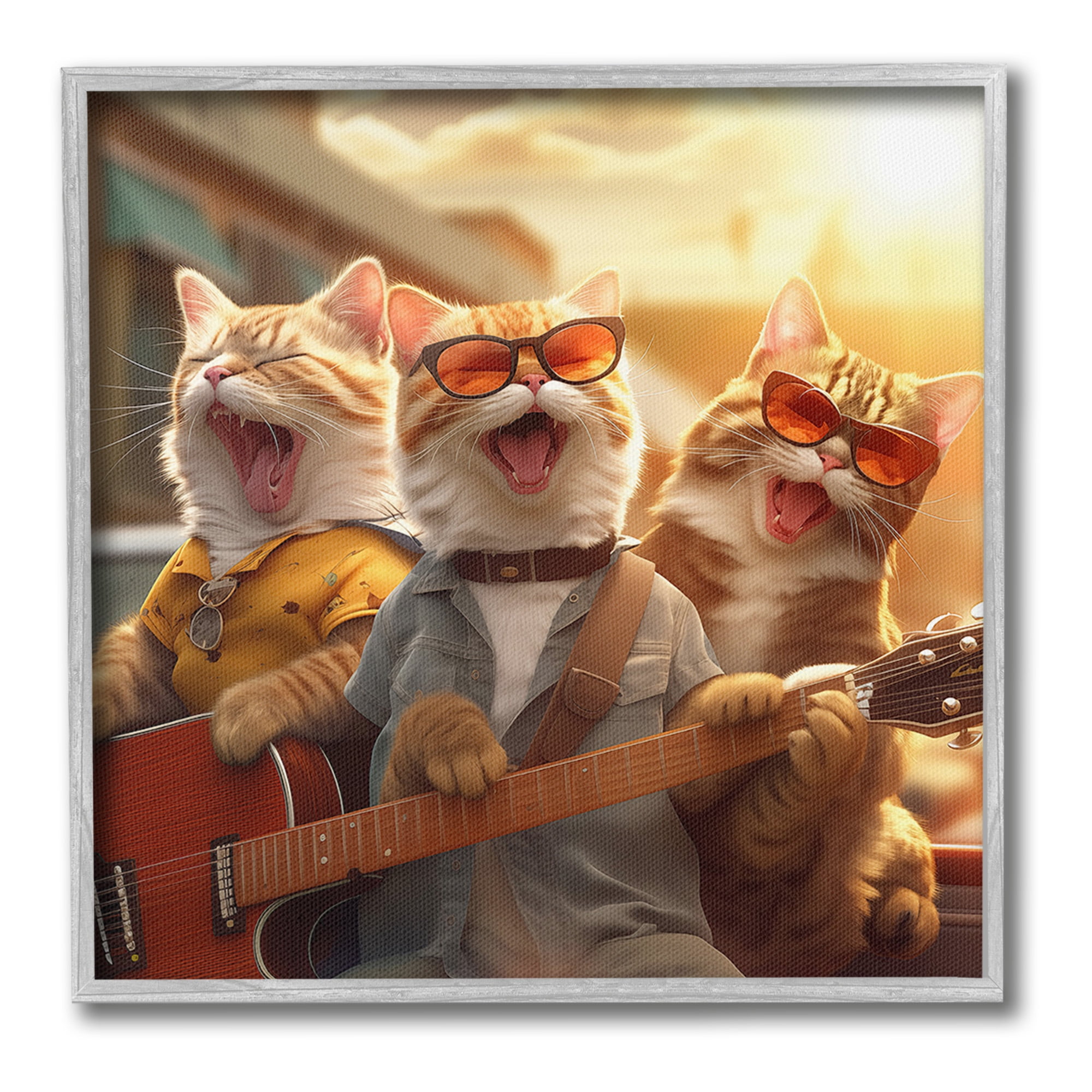 Stupell Industries Singing Guitarist Cats Animals & Insects Painting Gray Framed Art Print Wall Art, 24 x 24