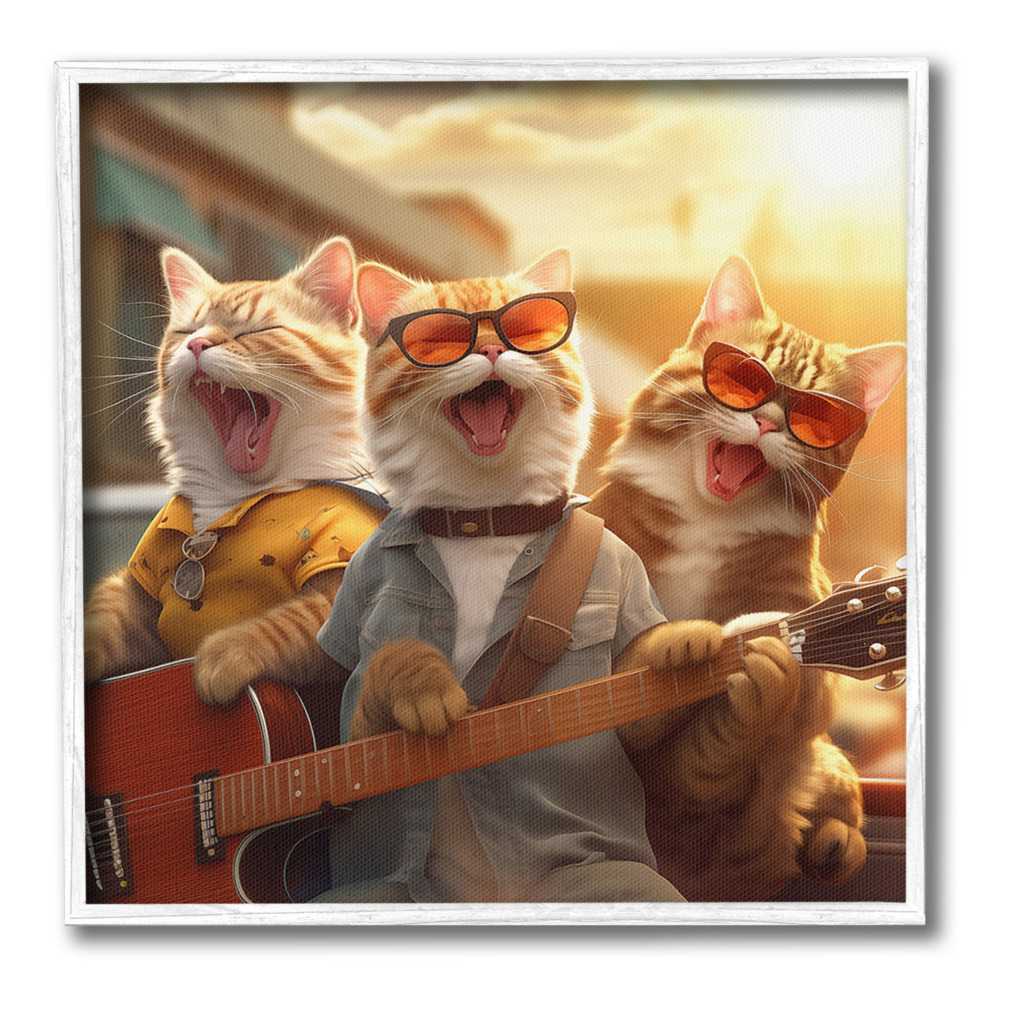Stupell Industries Singing Guitarist Cats Animals & Insects Painting White Framed Art Print Wall Art, 12 x 12