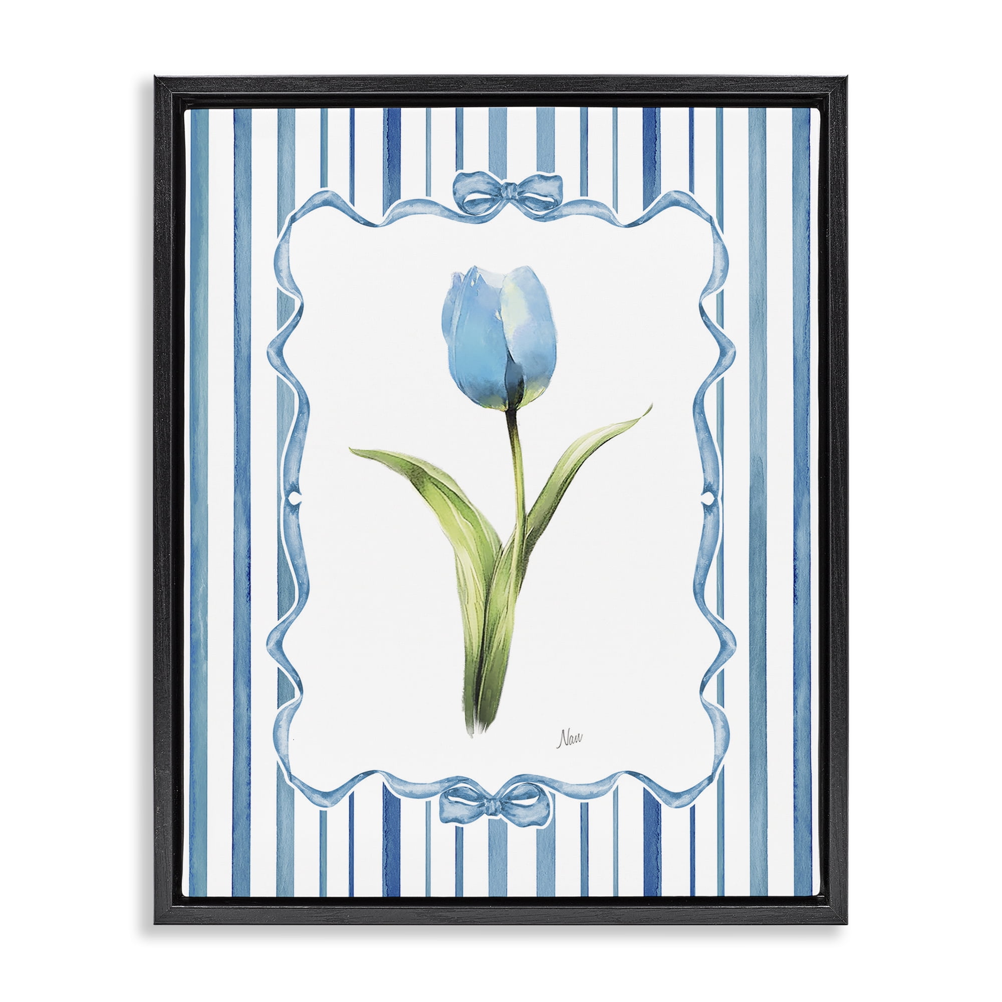Stupell Industries Single Blue Tulip Stripes Black Framed Floater Canvas Wall Art, design by Nan