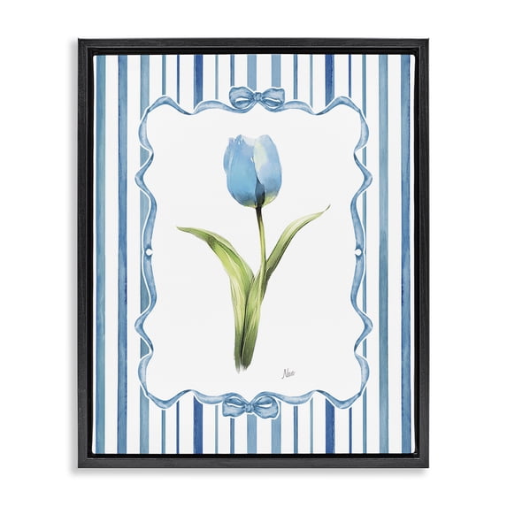 Stupell Industries Cottage Single Blue Tulip Stripes Black Floating Frame Canvas Art, 17 x 21, by Nan