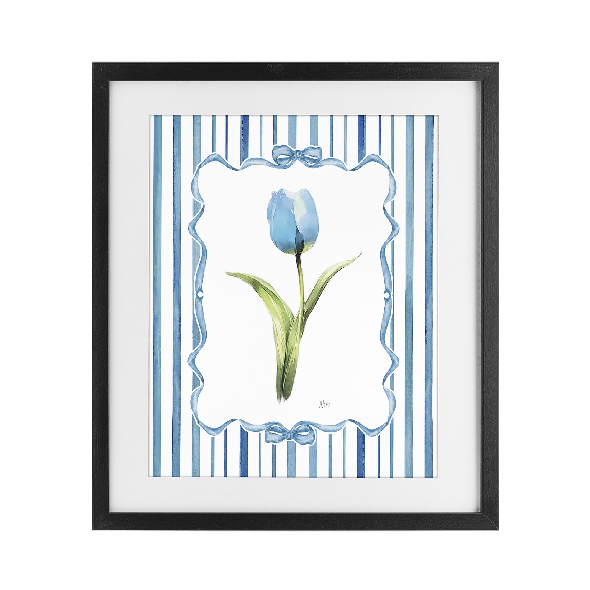 Stupell Industries Single Blue Tulip Stripes Black Framed Print Under Glass, design by Nan
