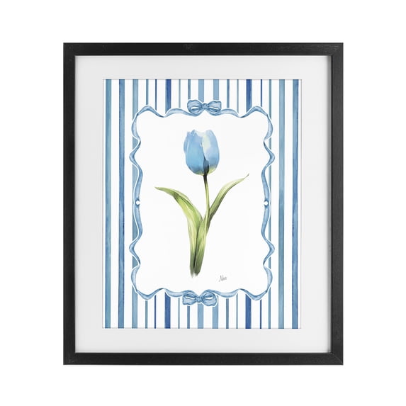 Stupell Industries Cottage Single Blue Tulip Stripes Black Framed Print Under Glass, 13 x 16, by Nan