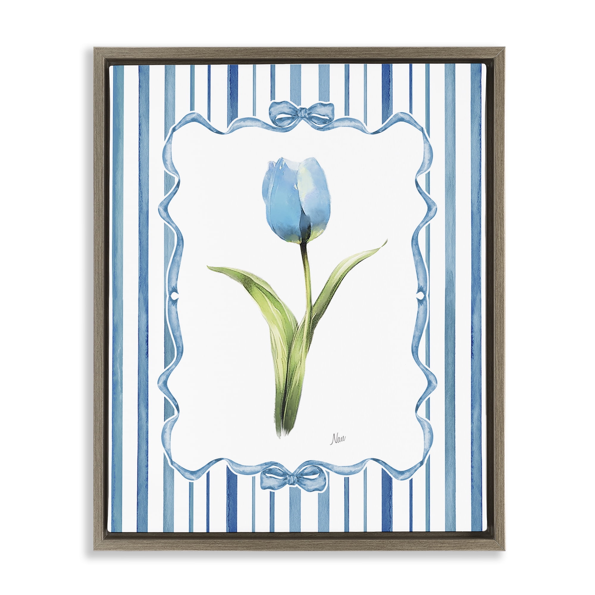 Stupell Industries Single Blue Tulip Stripes Brown Framed Floater Canvas Wall Art, design by Nan