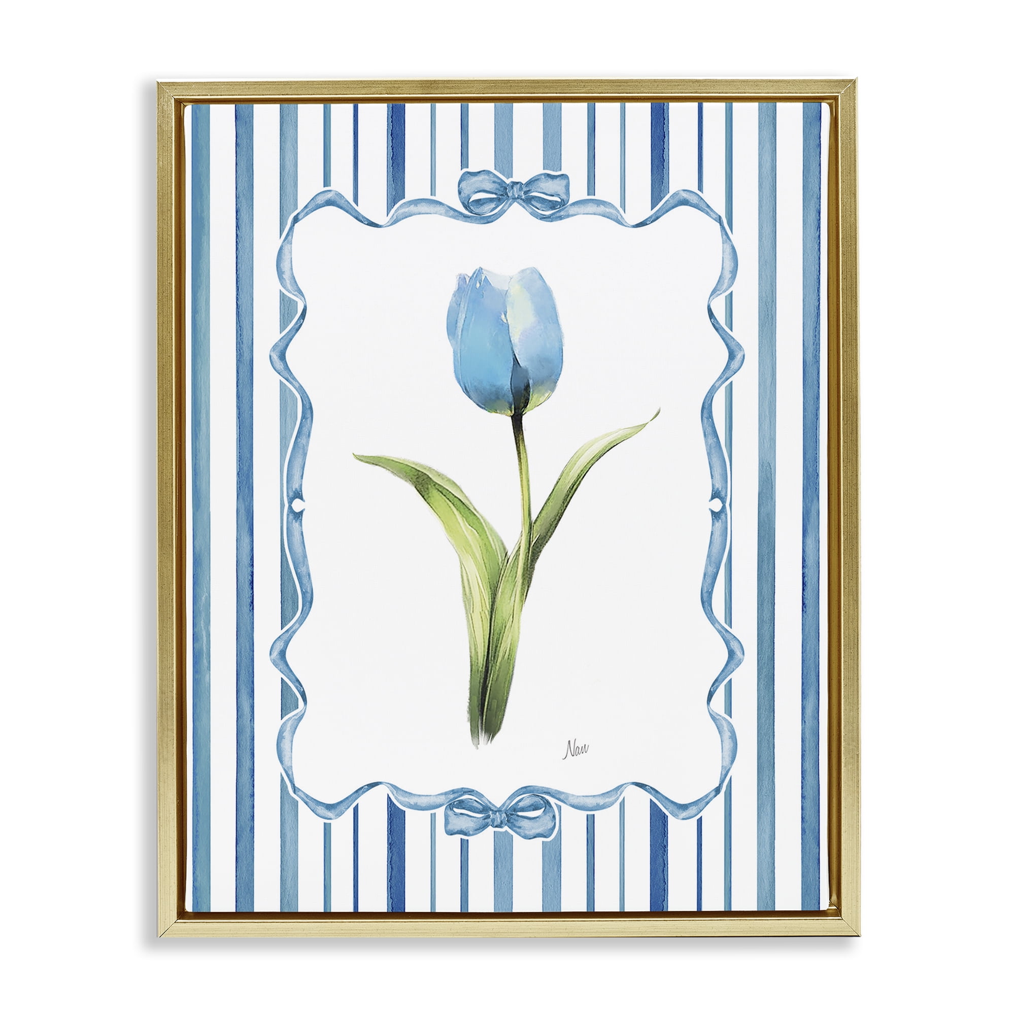 Stupell Industries Single Blue Tulip Stripes Gold Framed Floater Canvas Wall Art, design by Nan