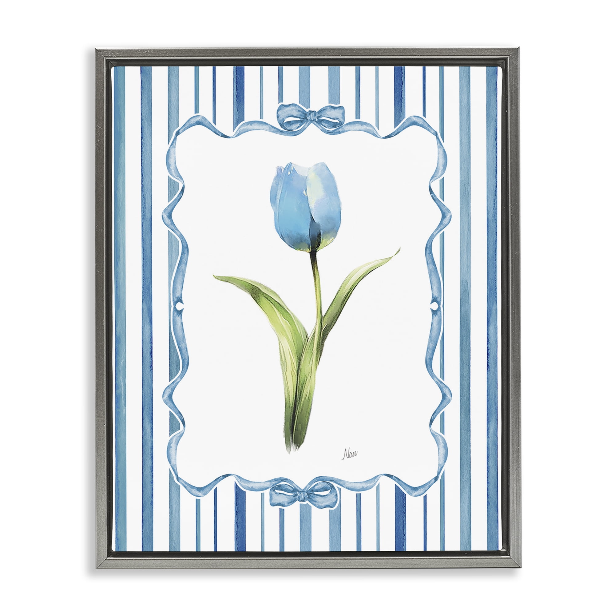 Stupell Industries Single Blue Tulip Stripes Gray Framed Floater Canvas Wall Art, design by Nan