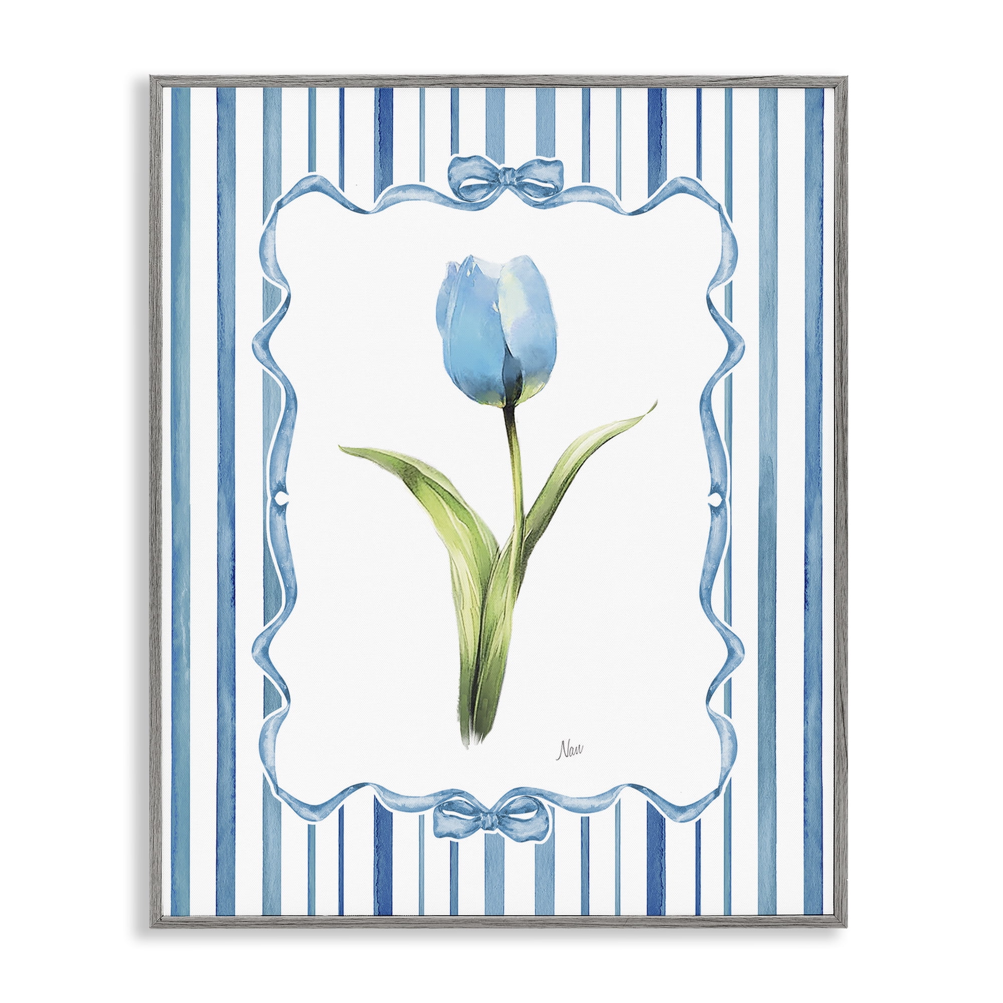 Stupell Industries Single Blue Tulip Stripes Gray Framed Giclee Art, design by Nan