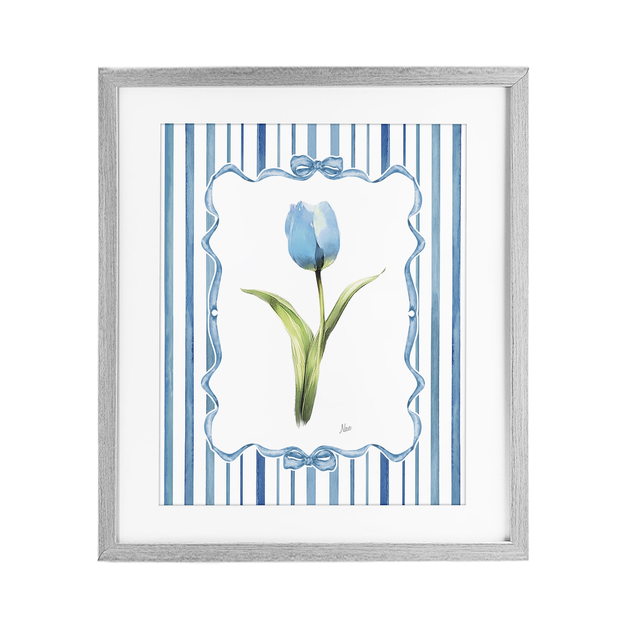 Stupell Industries Single Blue Tulip Stripes Gray Framed Print Under Glass, design by Nan
