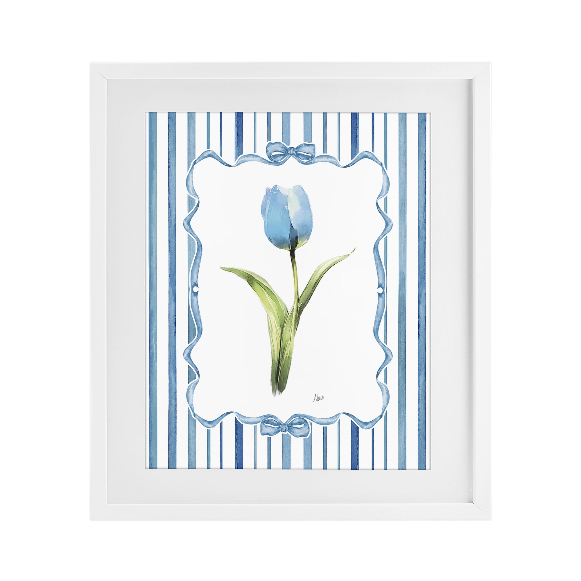 Stupell Industries Single Blue Tulip Stripes White Framed Print Under Glass, design by Nan
