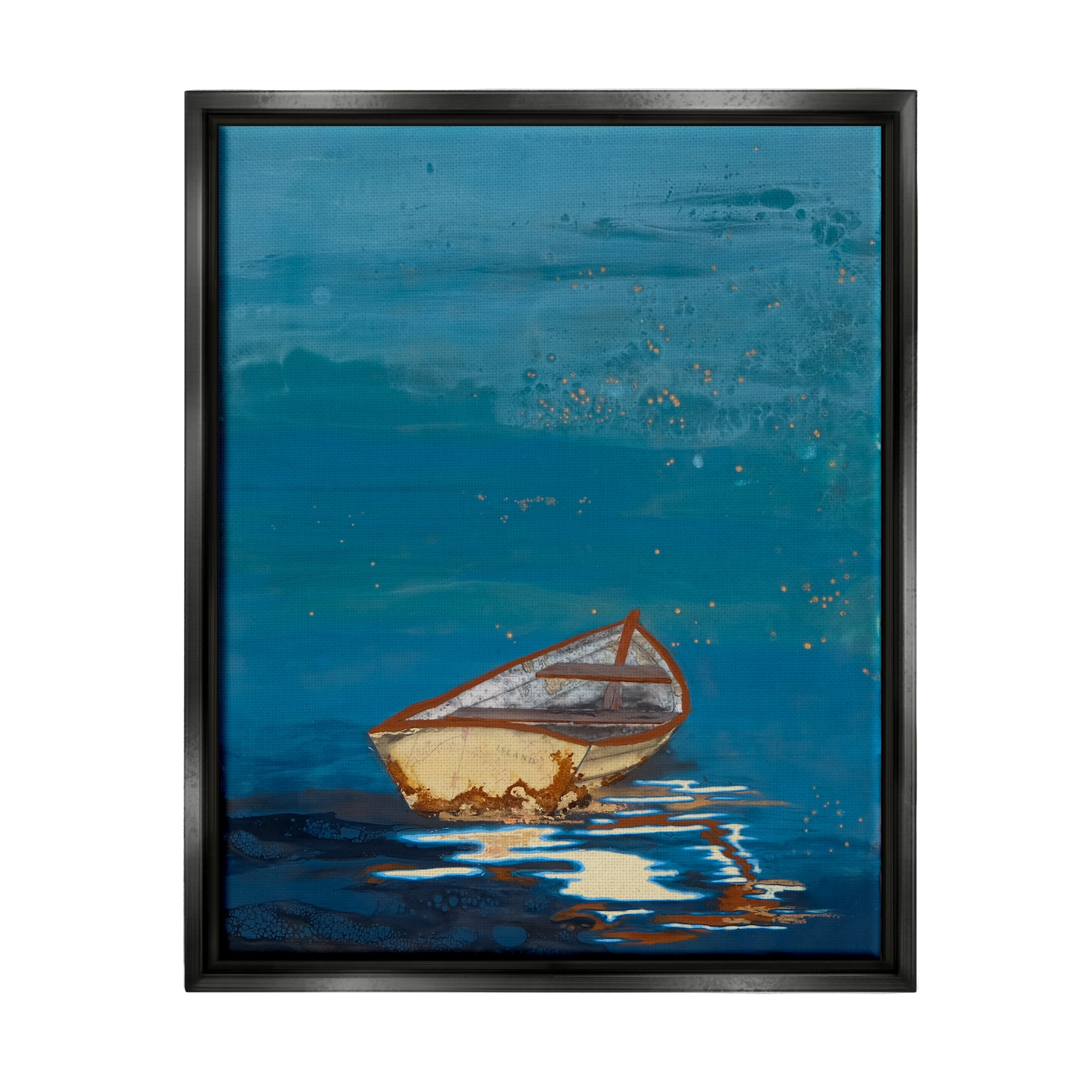 Stupell Industries Single Boat Ocean Surface Layered Marine Collage Painting Jet Black Floating Framed Canvas Print Wall Art, Design by Stacy Gresell