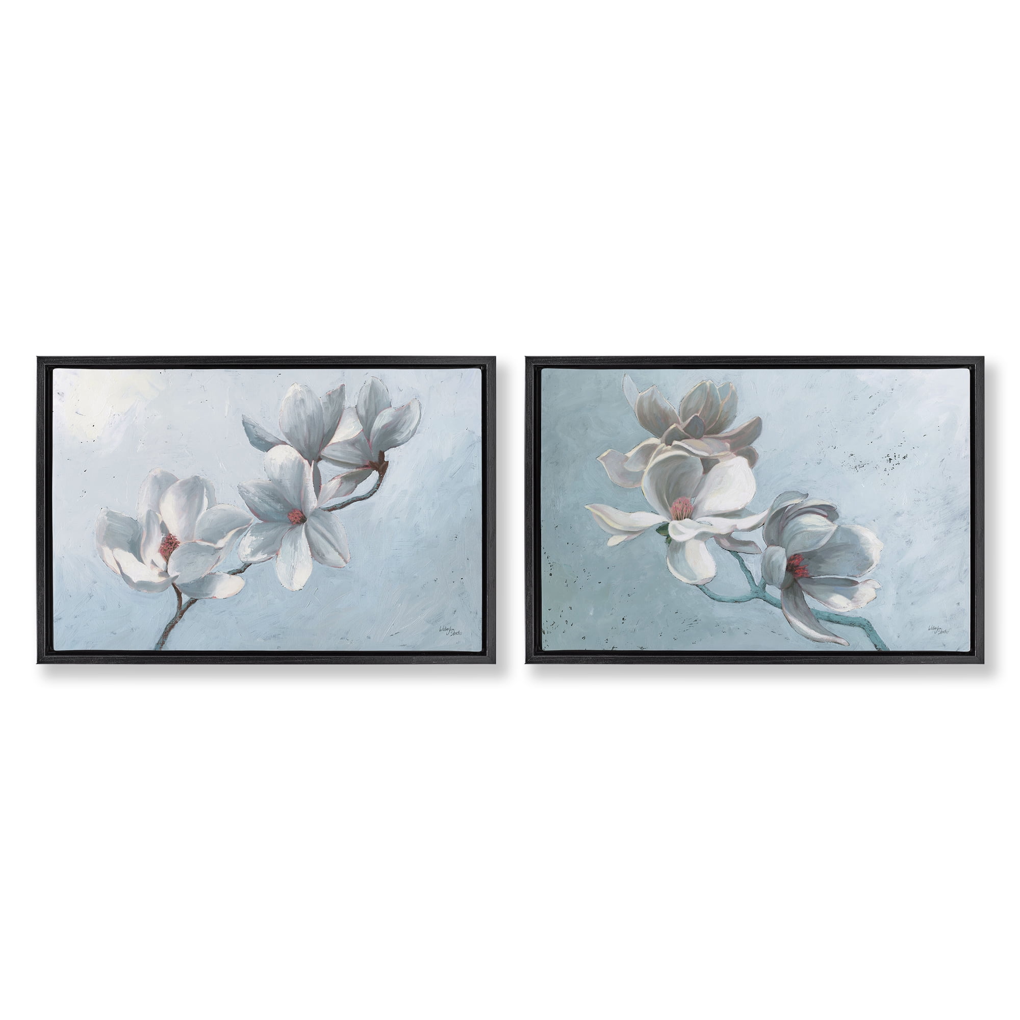 Stupell Industries Single Magnolia Branch Blossoms Plants & Flowers Painting Black Floater Framed Canvas Art Print Wall Art, 31 x 21, Set of 2