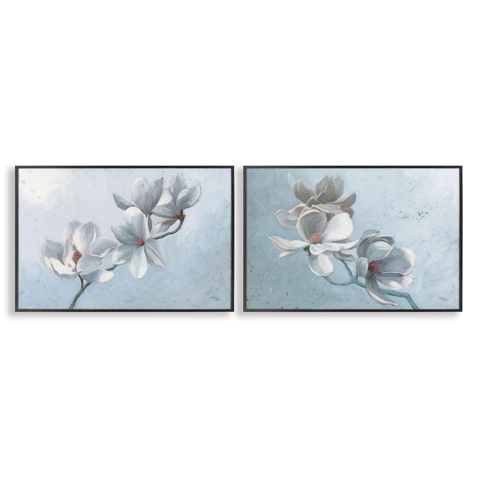 Stupell Industries Single Magnolia Branch Blossoms Plants & Flowers Painting Black Framed Art Print Wall Art, 18 x 12, Set of 2