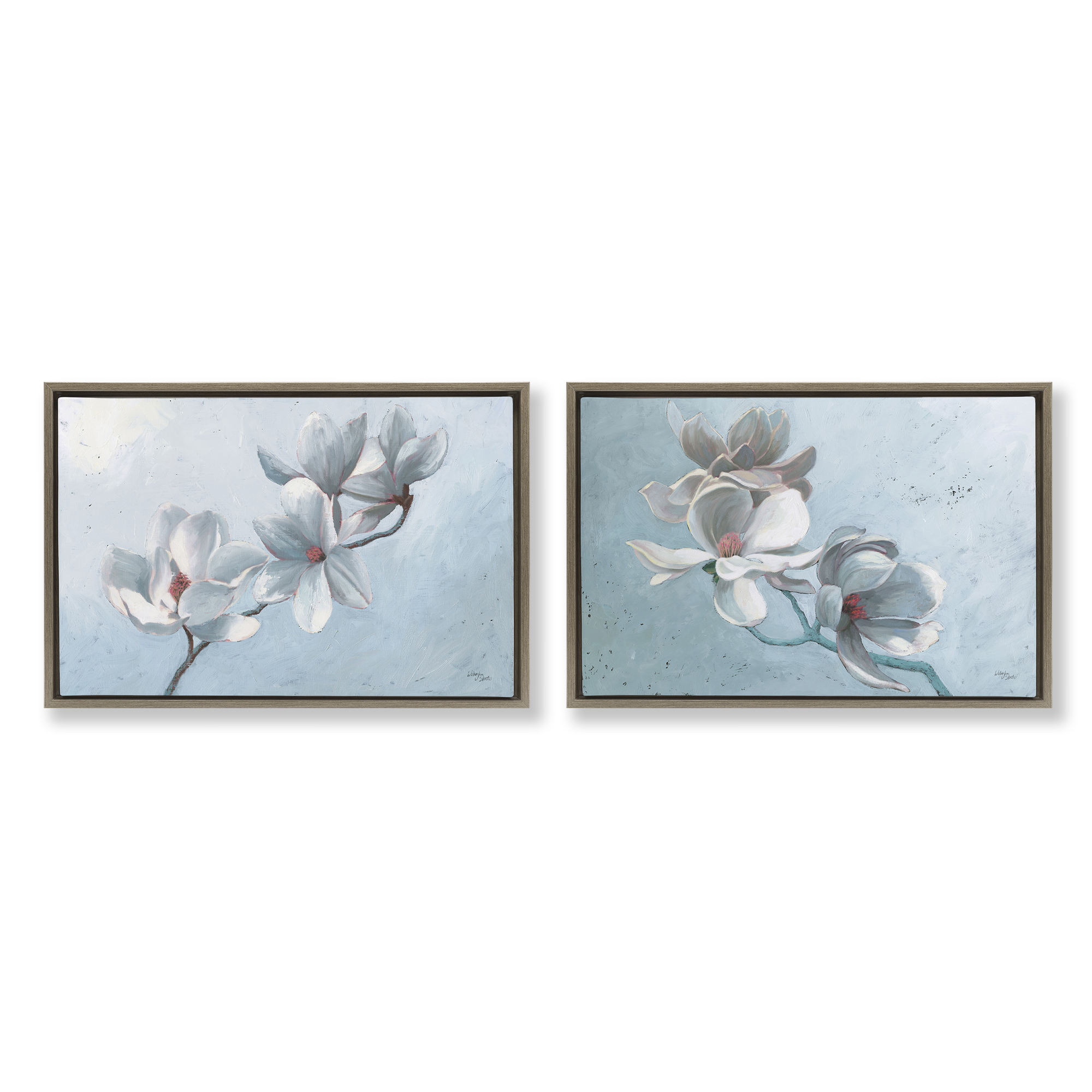 Stupell Industries Single Magnolia Branch Blossoms Plants & Flowers Painting Brown Floater Framed Canvas Art Print Wall Art, 25 x 17, Set of 2