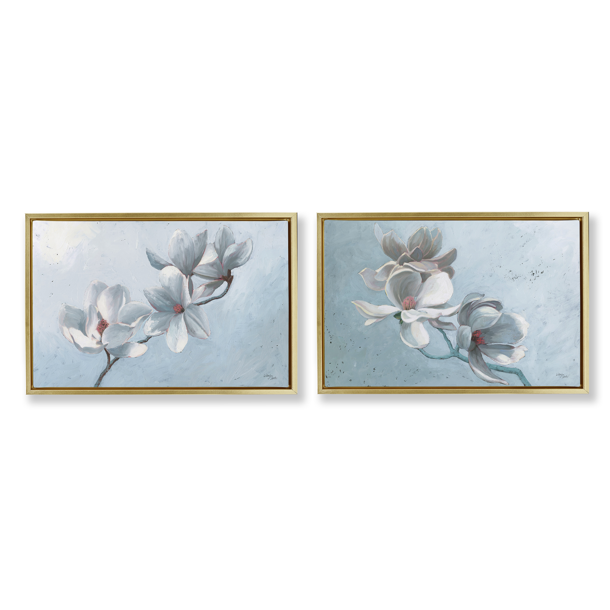 Stupell Industries Single Magnolia Branch Blossoms Plants & Flowers Painting Gold Floater Framed Canvas Art Print Wall Art, 25 x 17, Set of 2
