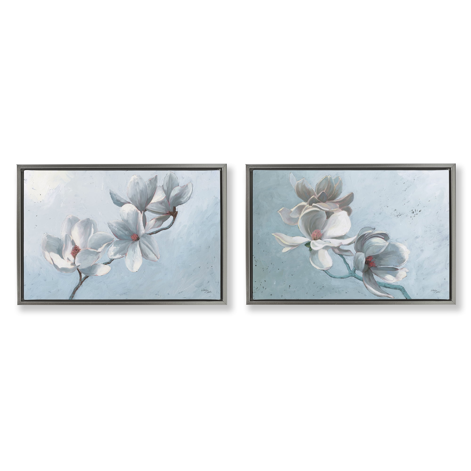 Stupell Industries Single Magnolia Branch Blossoms Plants & Flowers Painting Gray Floater Framed Canvas Art Print Wall Art, 31 x 21, Set of 2