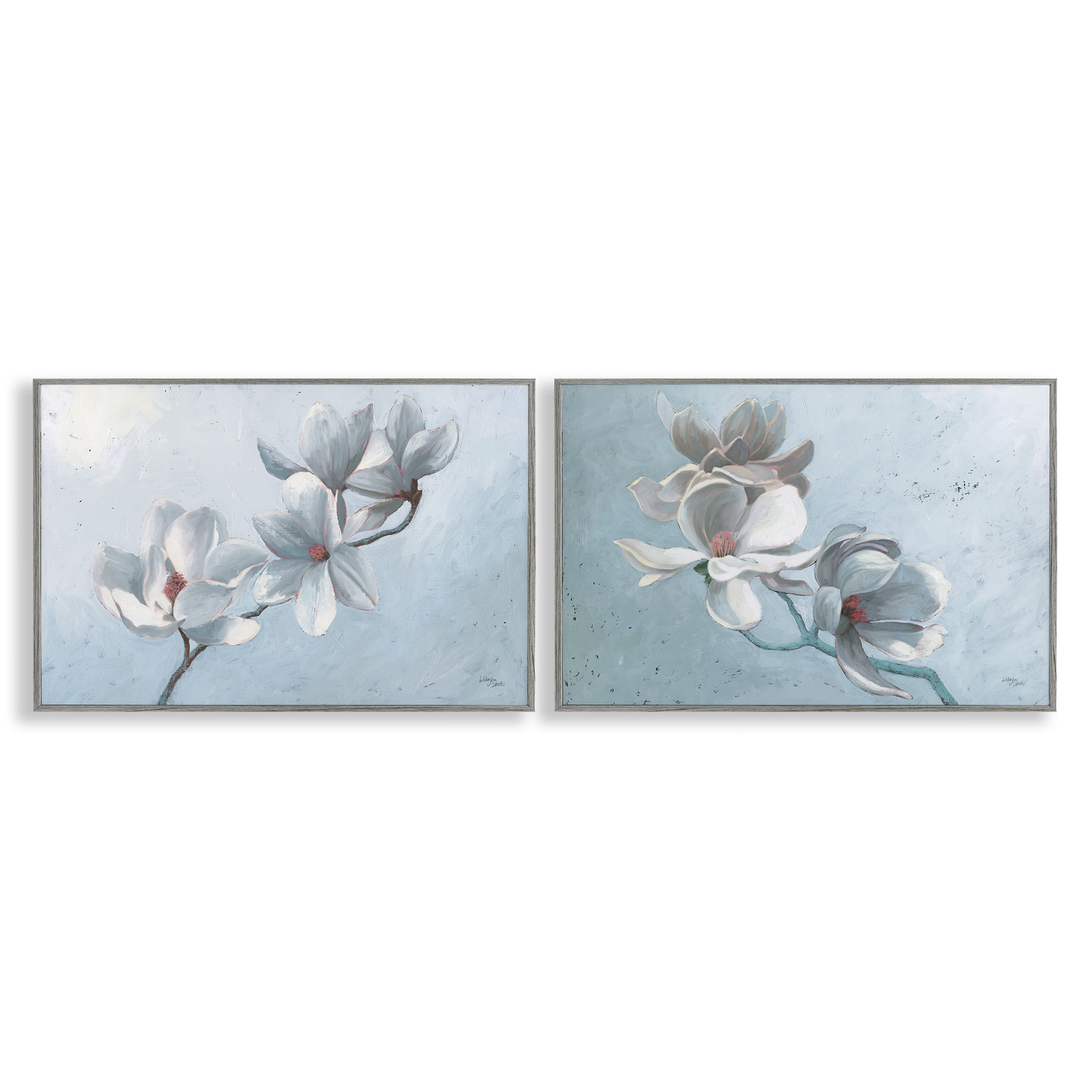 Stupell Industries Single Magnolia Branch Blossoms Plants & Flowers Painting Gray Framed Art Print Wall Art, 24 x 16, Set of 2