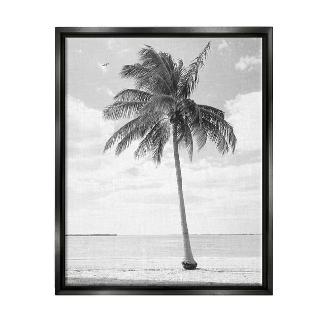 Stupell Industries Single Palm Tree Monochrome Tropical Beach Plant Photograph Jet Black Floating Framed Canvas Print Wall Art, Design by Graffitee Studios
