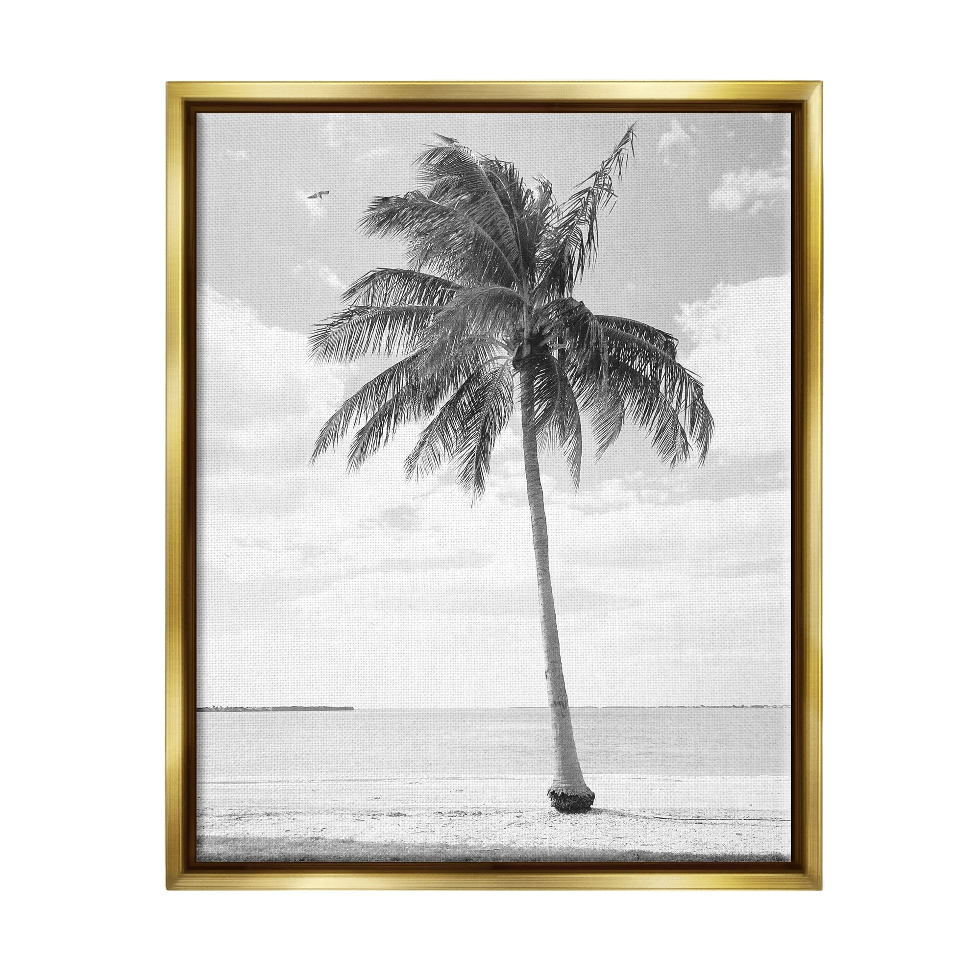 Stupell Industries Single Palm Tree Monochrome Tropical Beach Plant Photograph Metallic Gold Floating Framed Canvas Print Wall Art, Design by Graffitee Studios