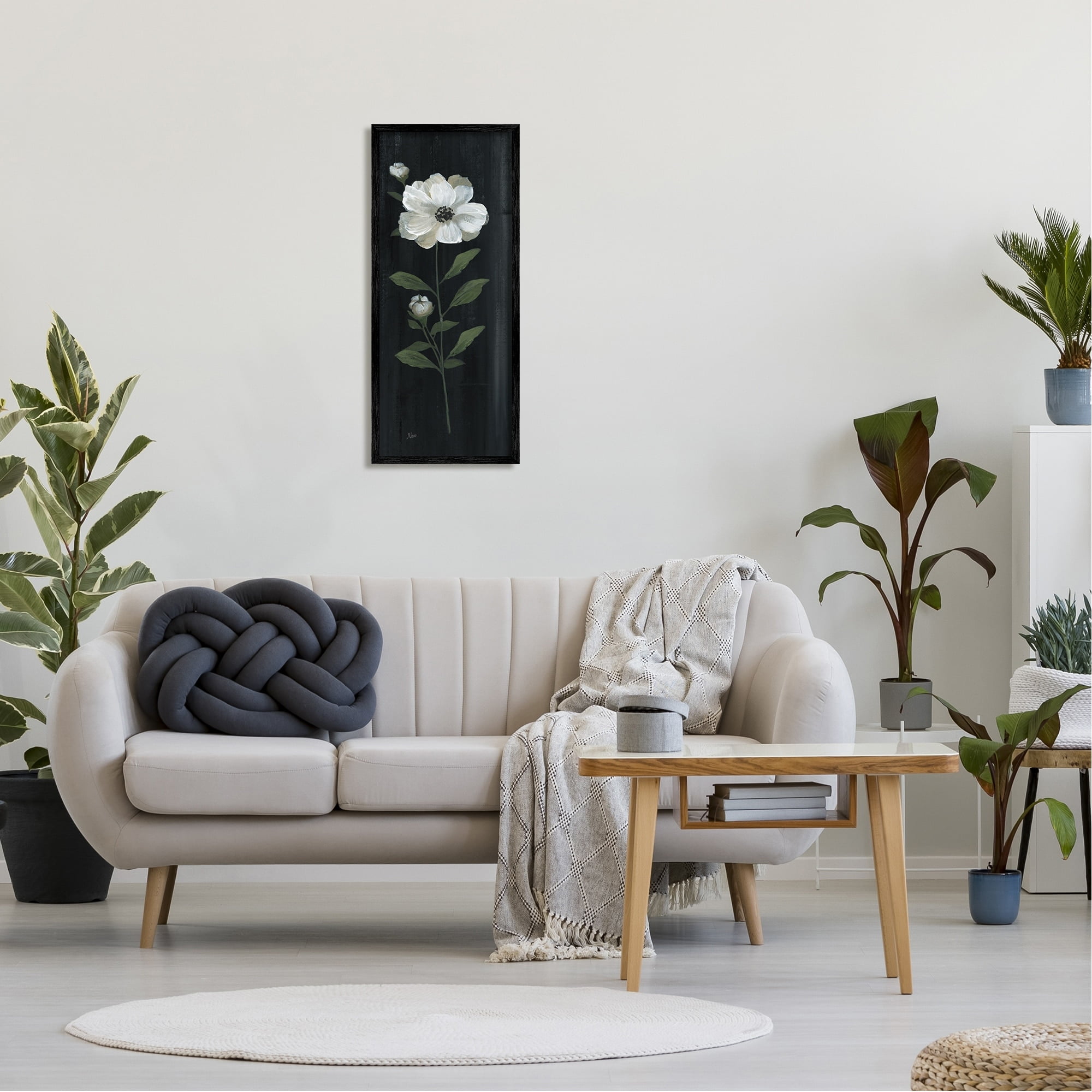 Stupell Industries Single White Flower Sprig Stark Rustic Background Painting Black Framed Art Print Wall Art, Design by Nan