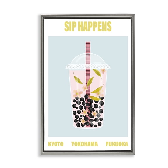 Sip Happens Boba Tea Gray Floating Frame Canvas Art, 21 x 31, Made In USA