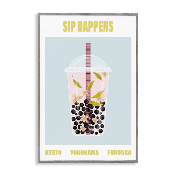 Sip Happens Boba Tea Gray Framed Giclee Art, 12 x 18, Made In USA