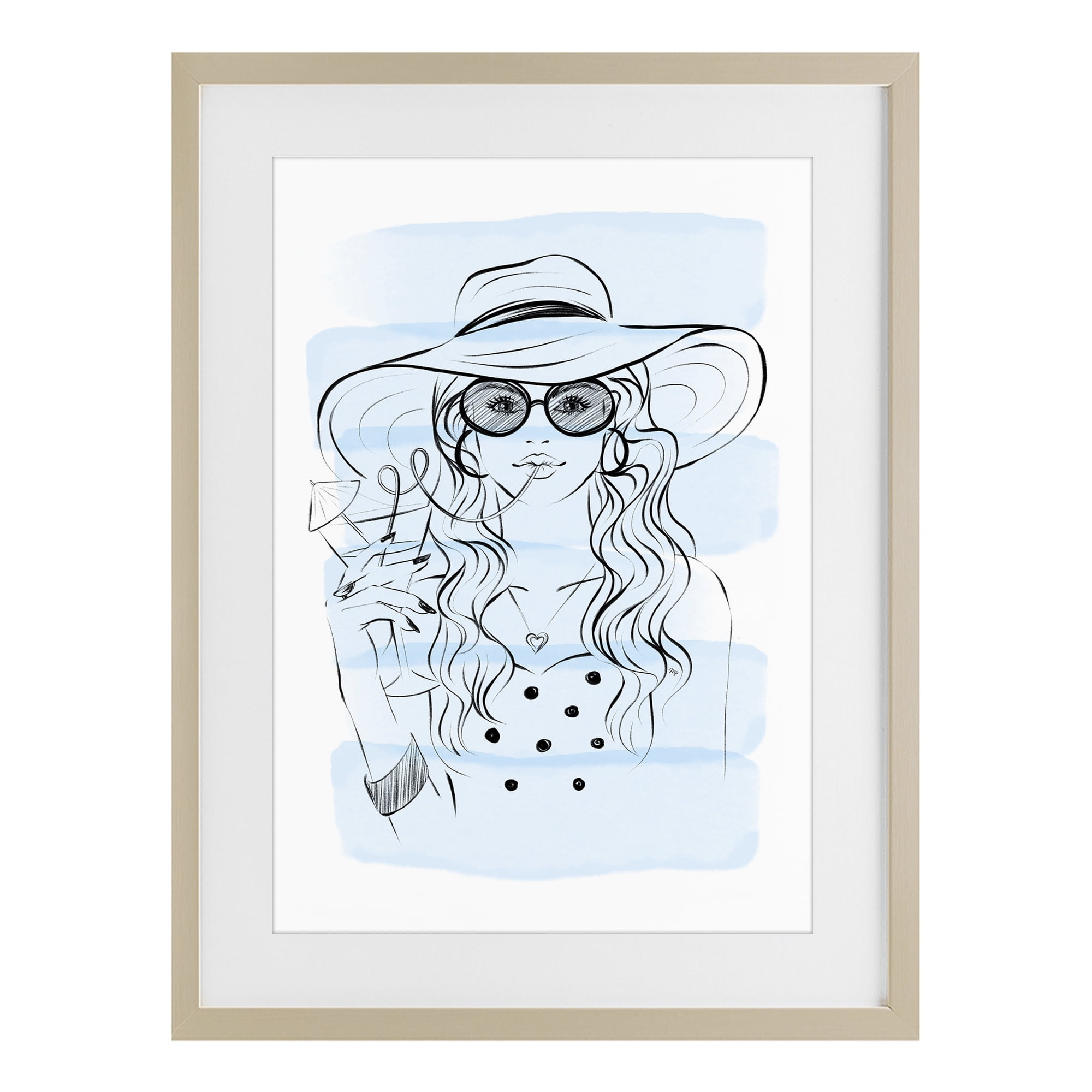 Stupell Industries Sipping Drink Girl in Sun Hat Birch Framed Print Under Glass, design by Martina Pavlova