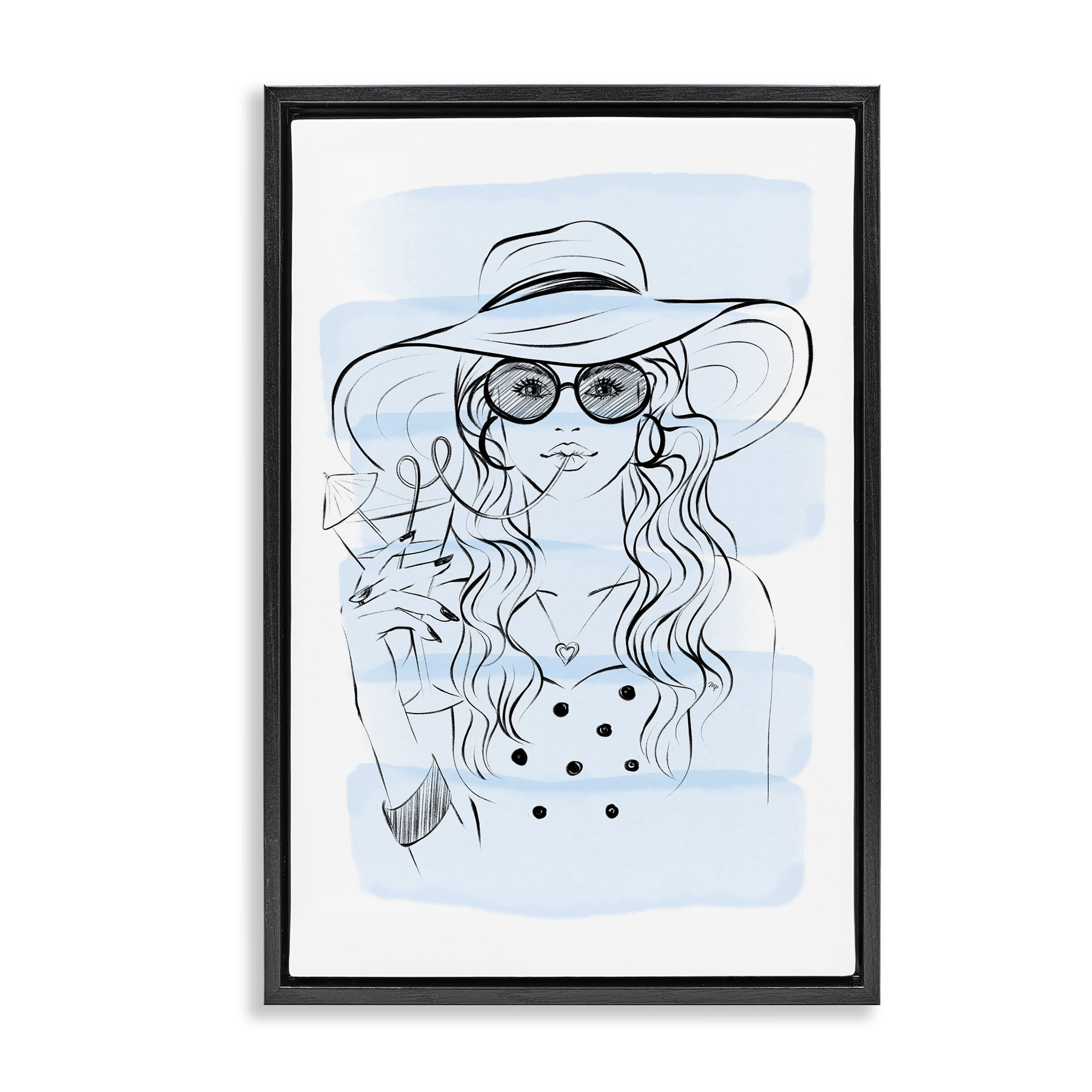 Stupell Industries Sipping Drink Girl in Sun Hat Black Framed Floater Canvas Wall Art, design by Martina Pavlova