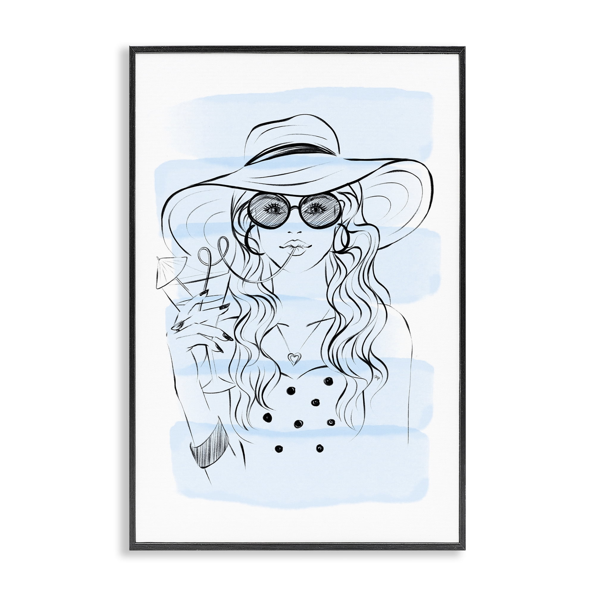 Stupell Industries Sipping Drink Girl in Sun Hat Black Framed Giclee Art, design by Martina Pavlova