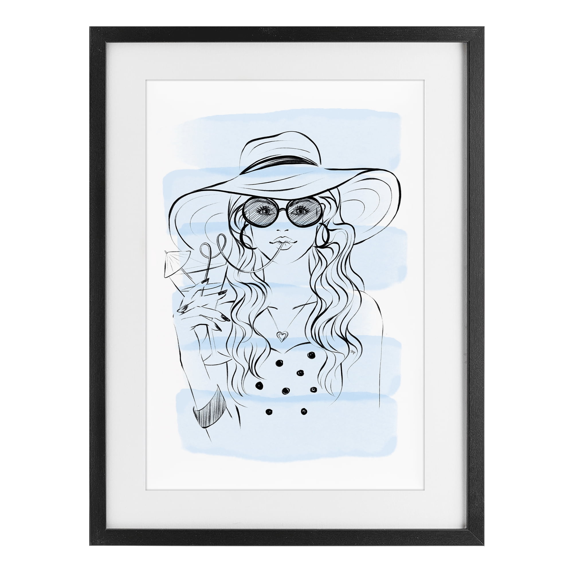 Stupell Industries Sipping Drink Girl in Sun Hat Black Framed Print Under Glass, design by Martina Pavlova