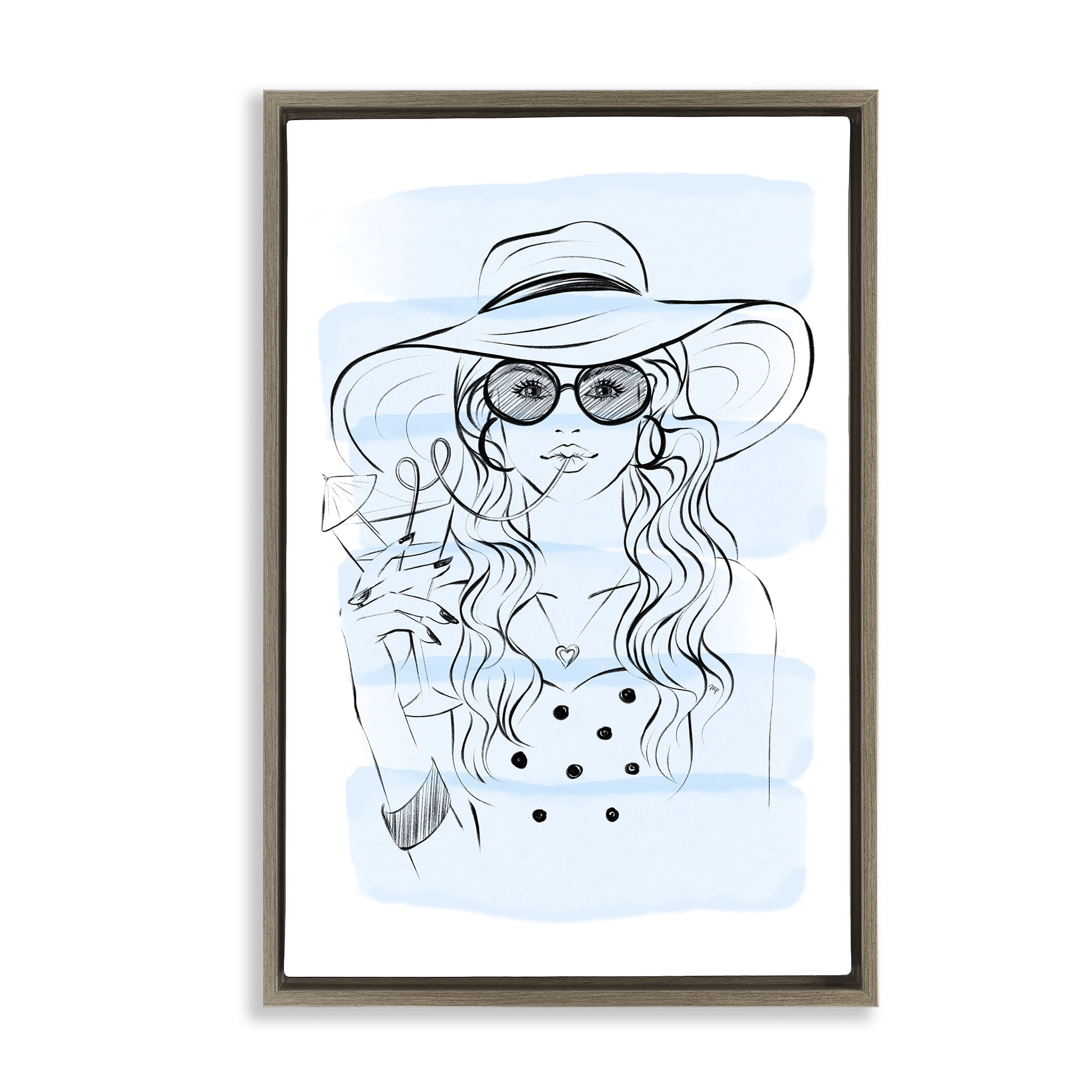 Stupell Industries Sipping Drink Girl in Sun Hat Brown Framed Floater Canvas Wall Art, design by Martina Pavlova