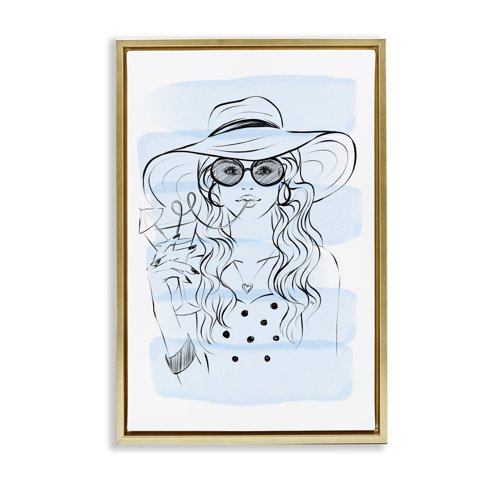 Stupell Industries Sipping Drink Girl in Sun Hat Gold Framed Floater Canvas Wall Art, design by Martina Pavlova