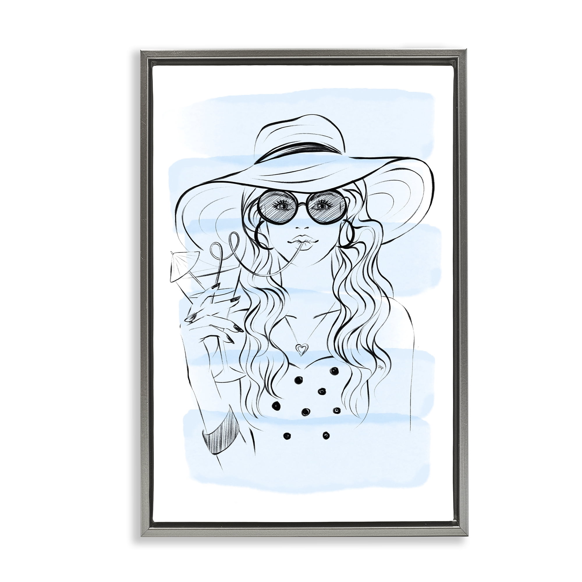 Stupell Industries Sipping Drink Girl in Sun Hat Gray Framed Floater Canvas Wall Art, design by Martina Pavlova