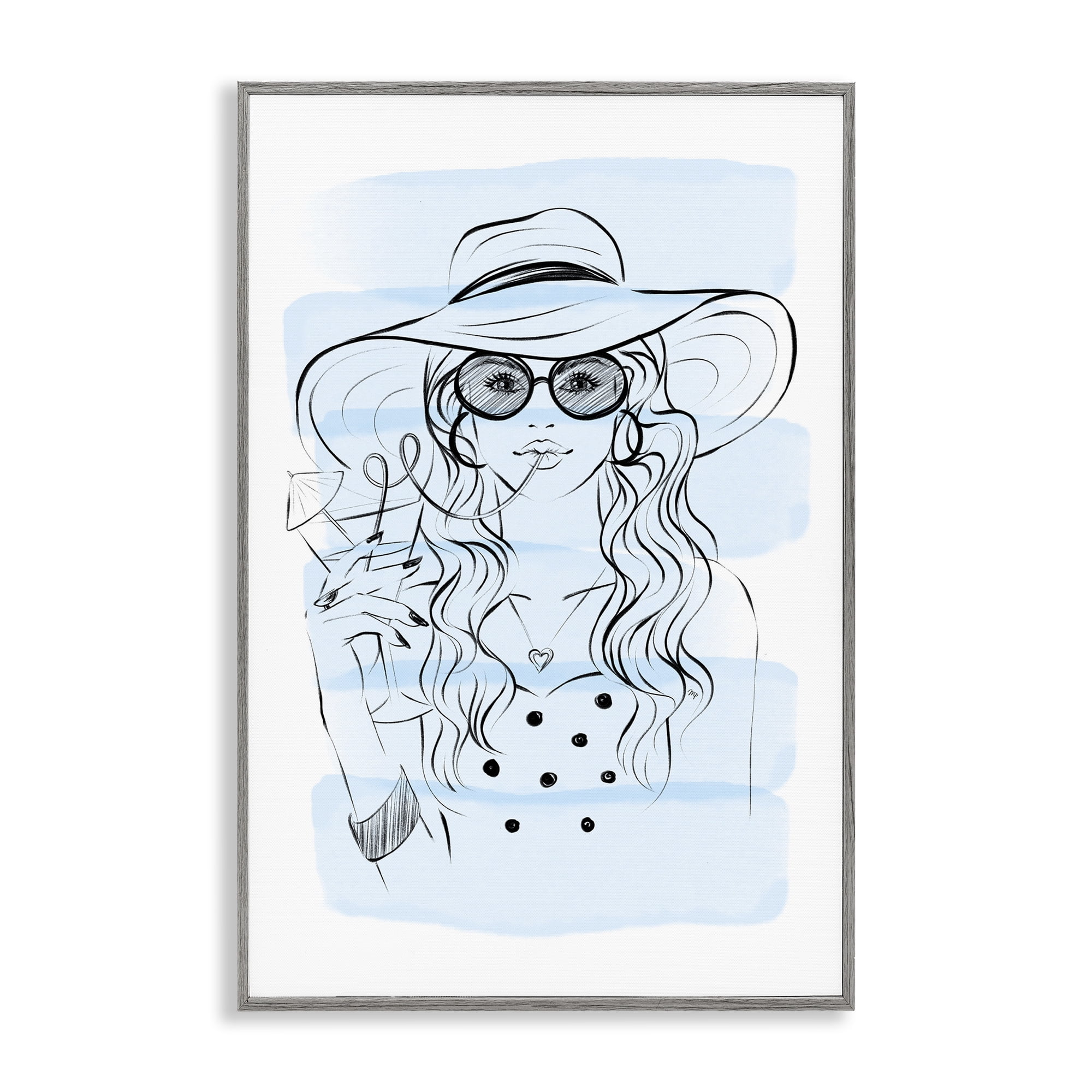 Stupell Industries Sipping Drink Girl in Sun Hat Gray Framed Giclee Art, design by Martina Pavlova