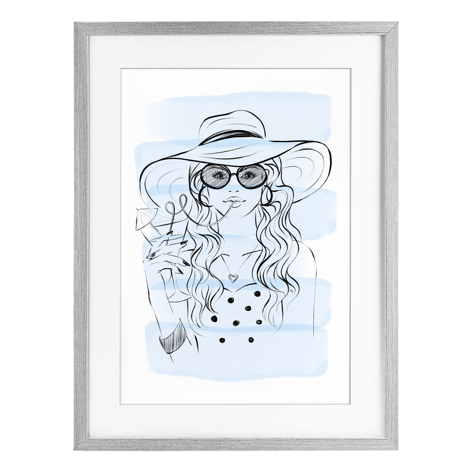 Stupell Industries Sipping Drink Girl in Sun Hat Gray Framed Print Under Glass, design by Martina Pavlova