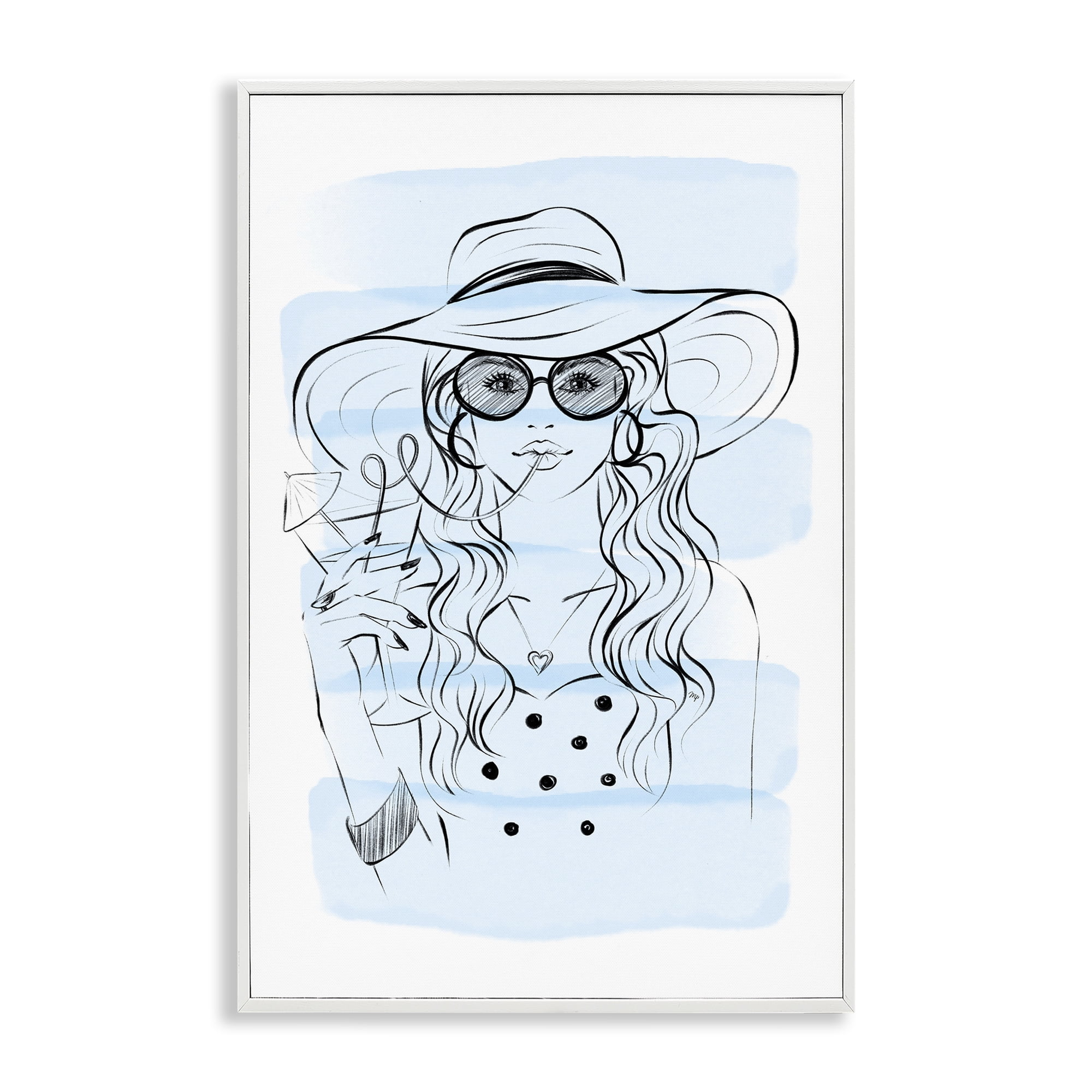 Stupell Industries Sipping Drink Girl in Sun Hat White Framed Giclee Art, design by Martina Pavlova