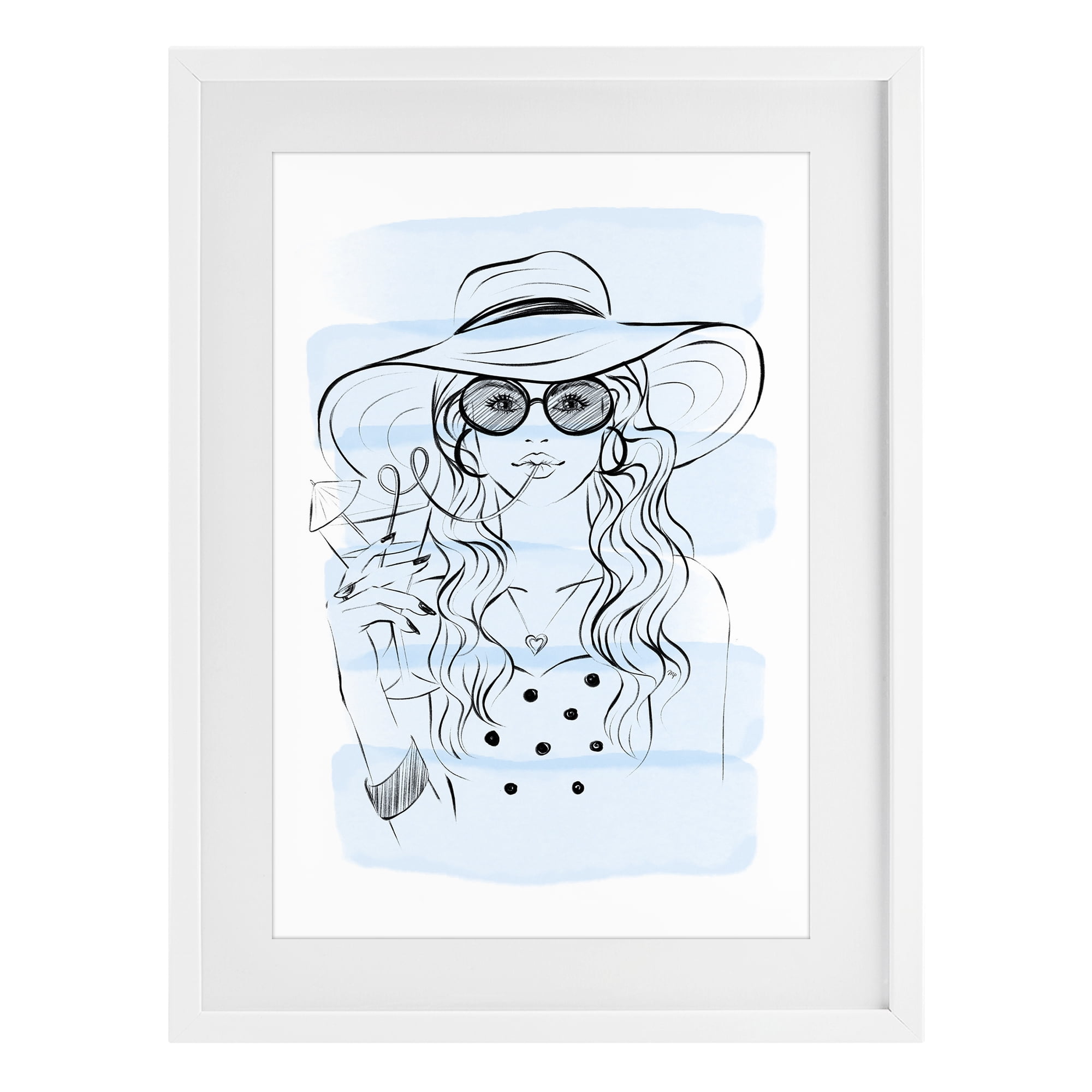 Stupell Industries Sipping Drink Girl in Sun Hat White Framed Print Under Glass, design by Martina Pavlova