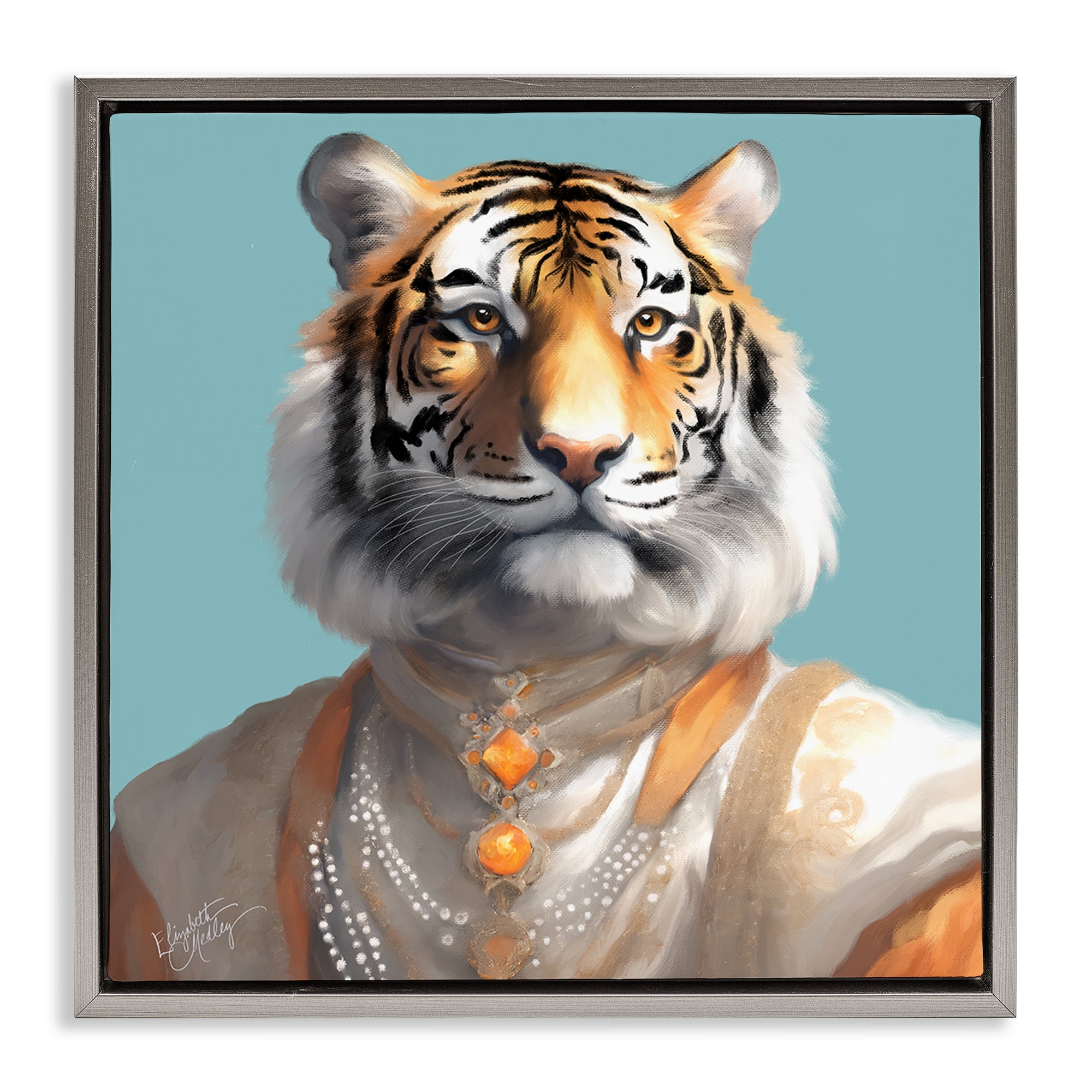Stupell Industries Sir Prince Tiger Animals Painting Gray Floater Framed Canvas Art Print Wall Art, 25 x 25